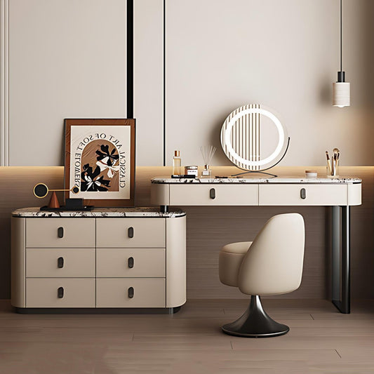 39''-47'' Leather Makeup Vanity with Marble Countertop and Stool & Smart LED Lights Mirror