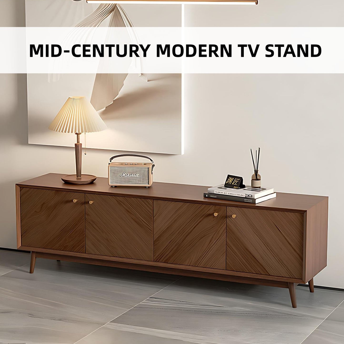 71''-87'' Solid Wood TV Stand,Walnut Splicing Design,Mid Century Console Table