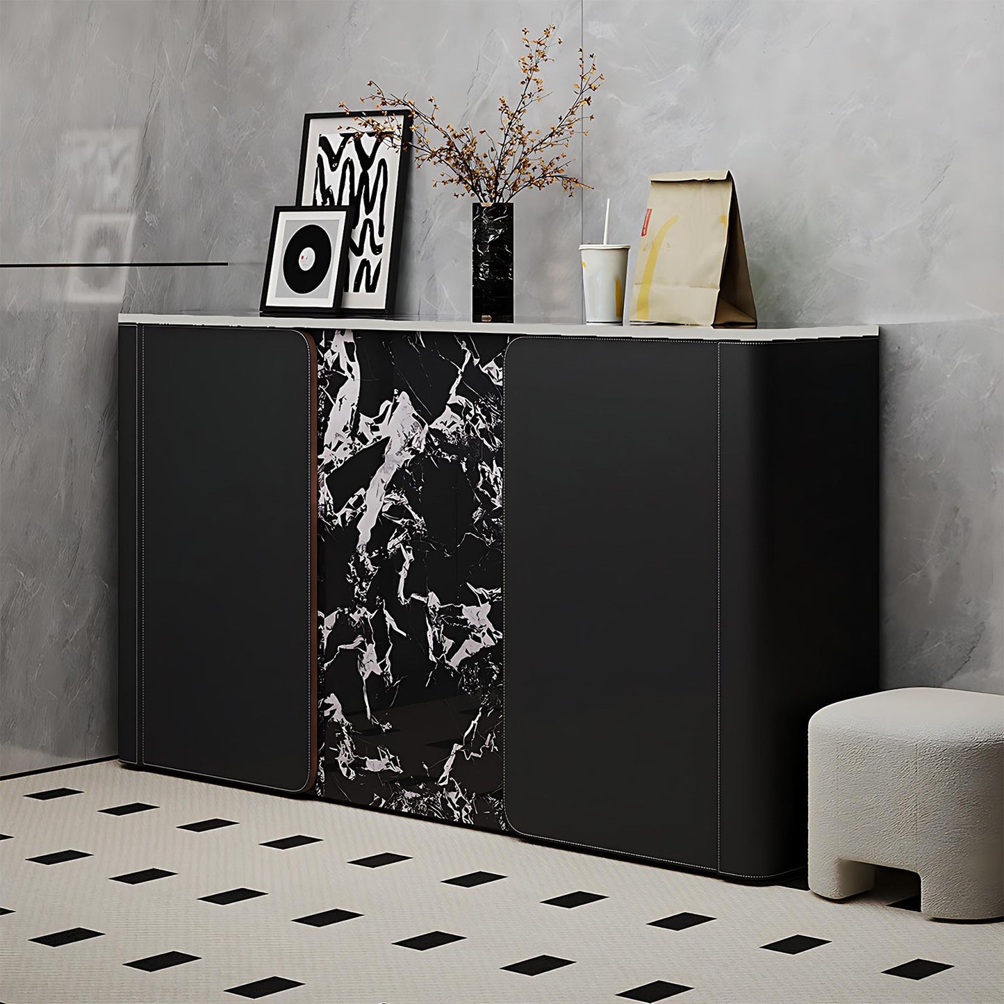47''-59'' Shoe Storage Cabinet with Rock Slab Countertop & Leather Finish,Solid Wood