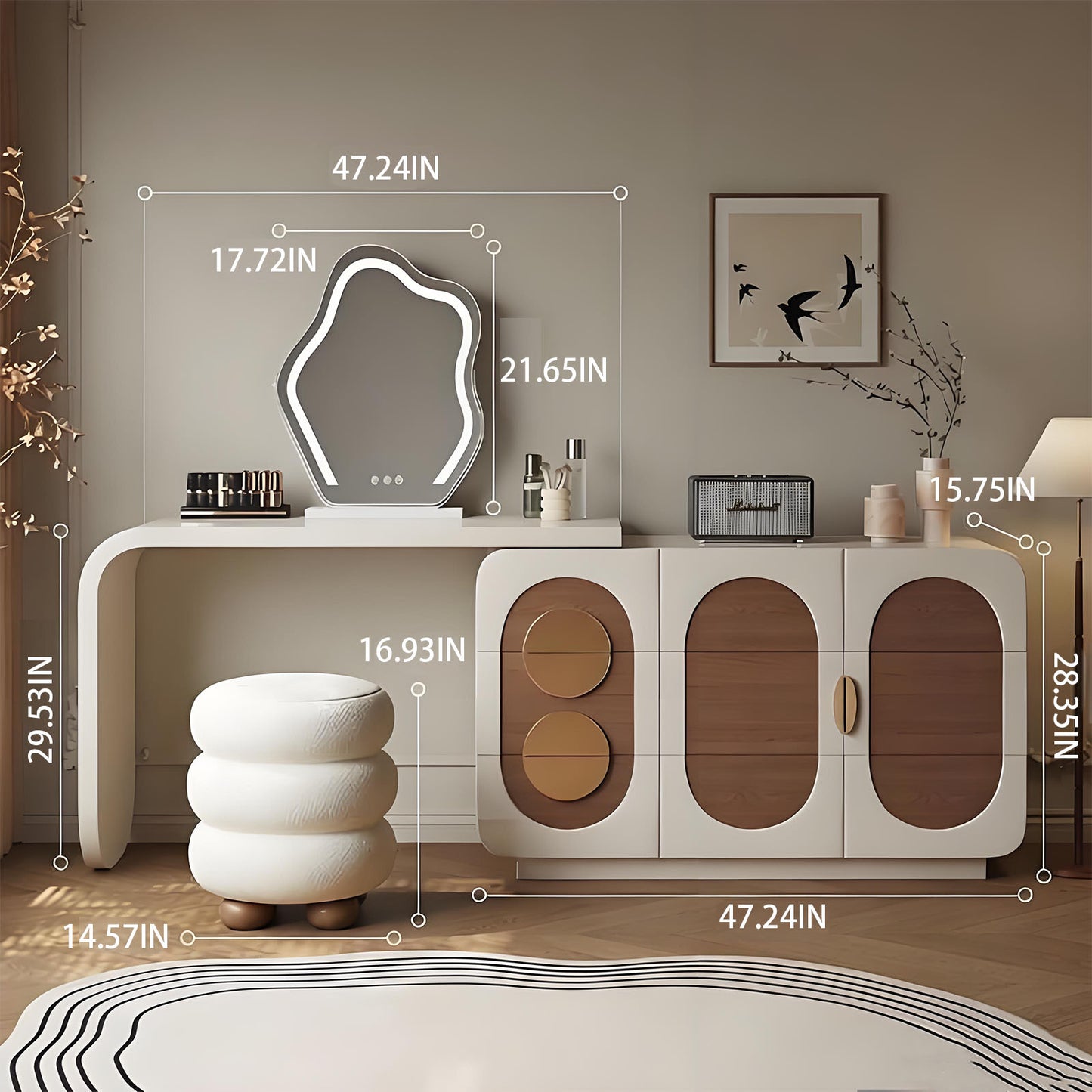 47'' Makeup Vanity with Walnut Veneer and Smart LED Light Mirror & Stool for Bedroom