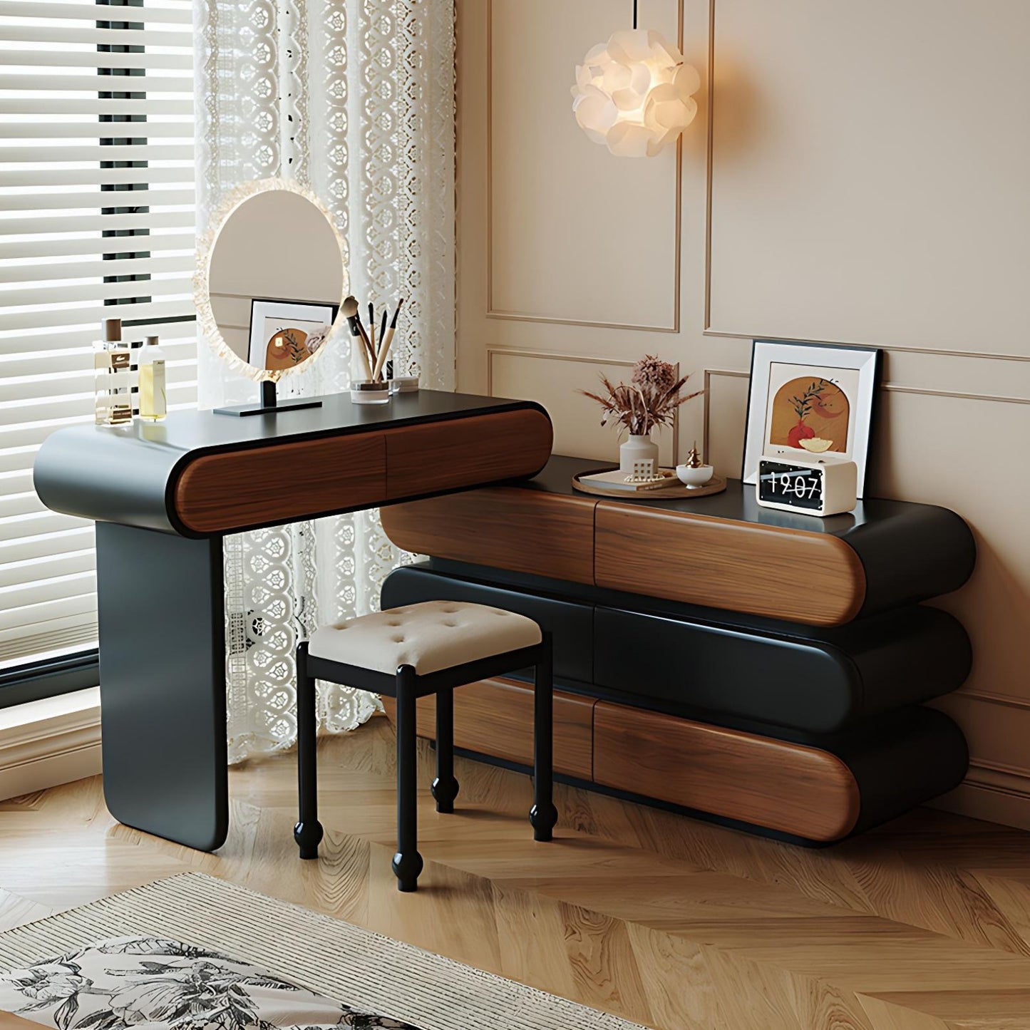 32''-47'' Makeup Vanity with Stool and Smart LED Light Mirror & Walnut Veneer,Mid Century