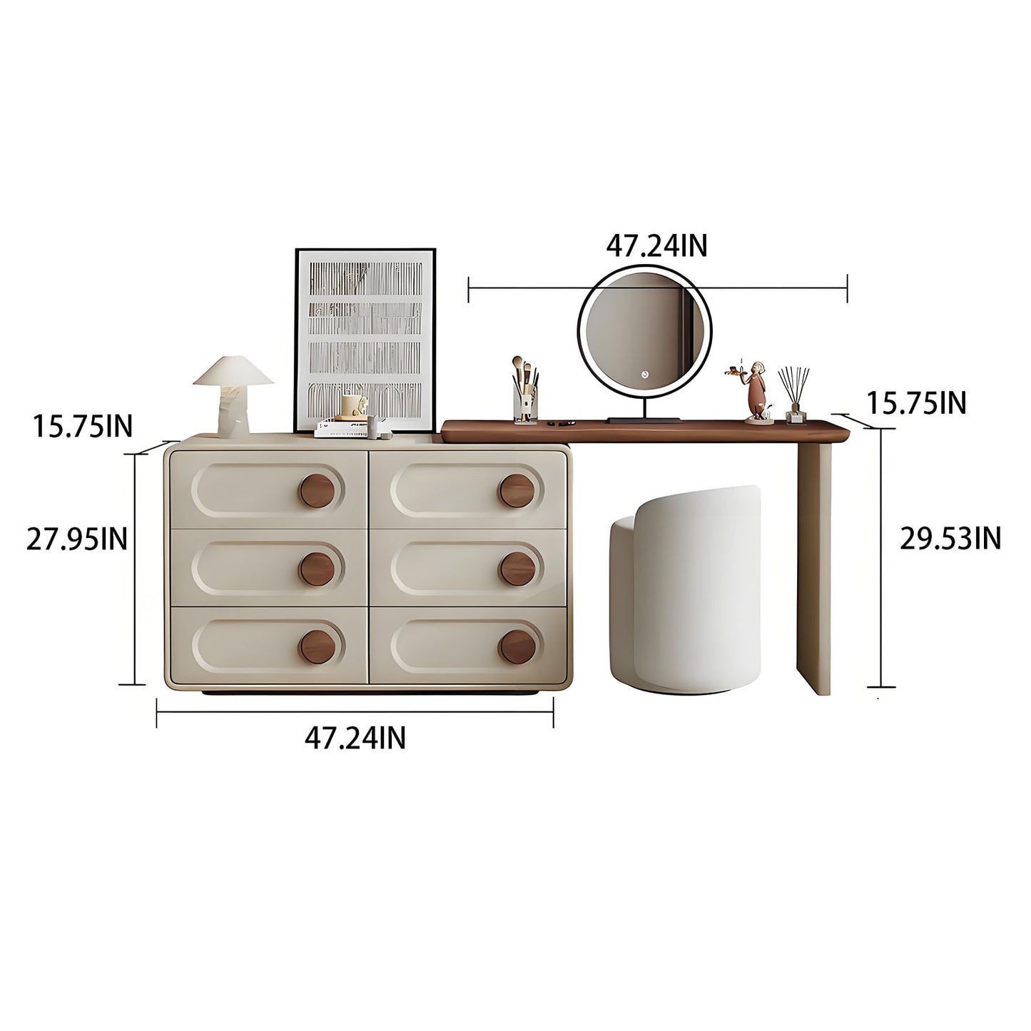 47'' Mid Century Vanity Desk with Smart LED Lights Mirror and Stool, Walnut Veneer