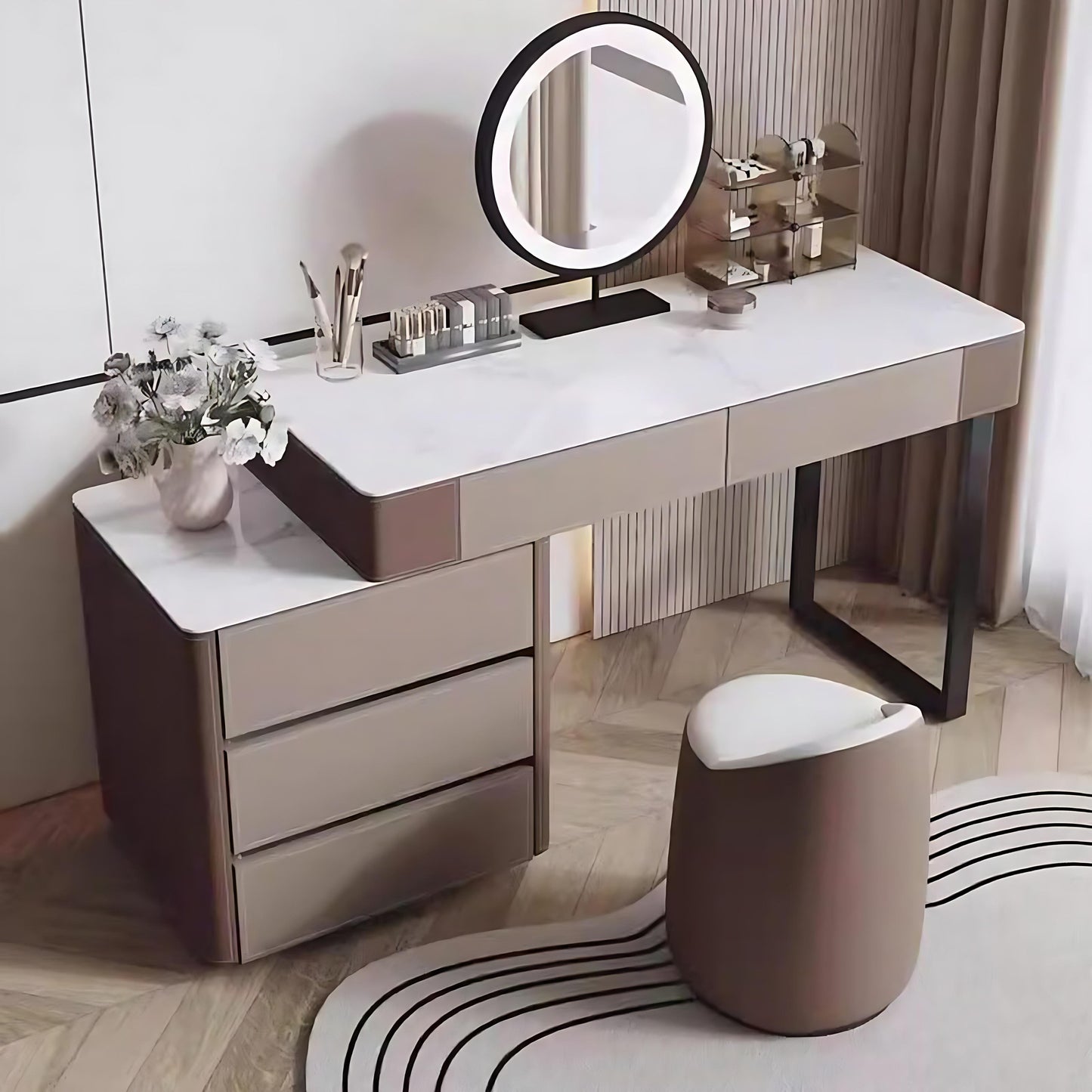 32''-47'' Makeup Vanity with Rock Slab Top and Smart LED Lights Mirror & Stool,Leather