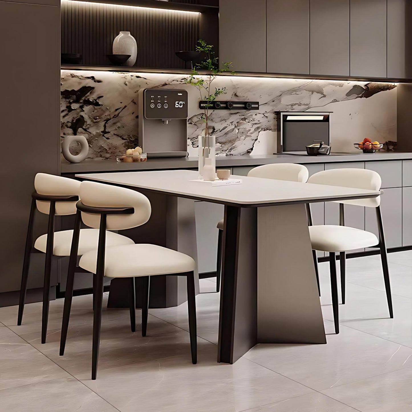 55''-71''Dining Table with 4 Chairs & Sintered Stone Top,Stainless Steel Legs
