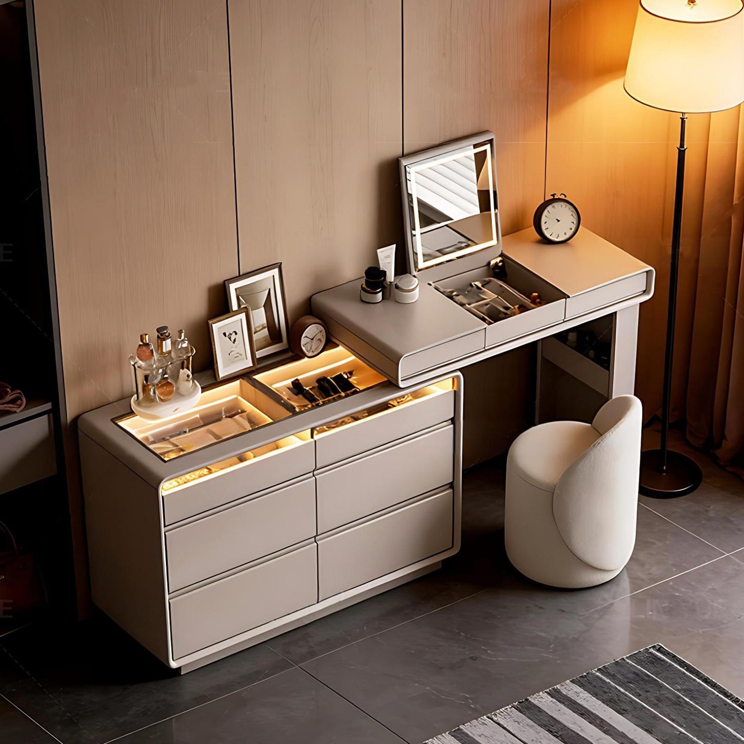 47''Vanity Set with Tempered Glass Top and LED Ambient Light,Flip up Smart Mirror & Stool