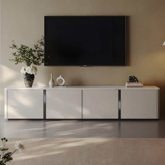 71''-87'' Leather TV Stand with Rock Slab Countertop,Solid Wood,Fully Assembled