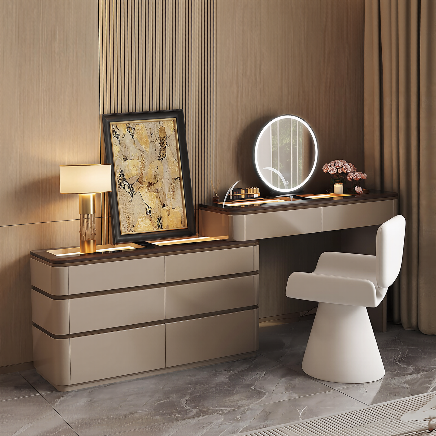 39''-47''Makeup Vanity with Tempered Glass Top and LED Ambient Light,Smart Mirror & Stool