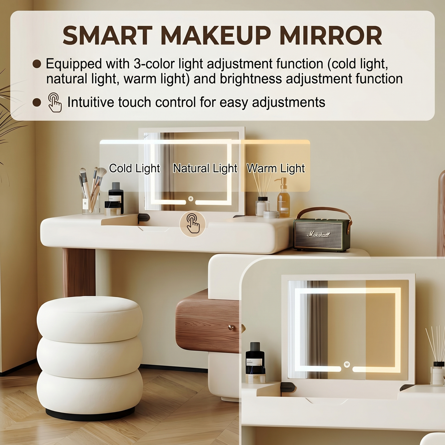 32''-47''Vanity Set with Flip up Smart Mirror and Stool,Mid Century Makeup Vanity,Walnut