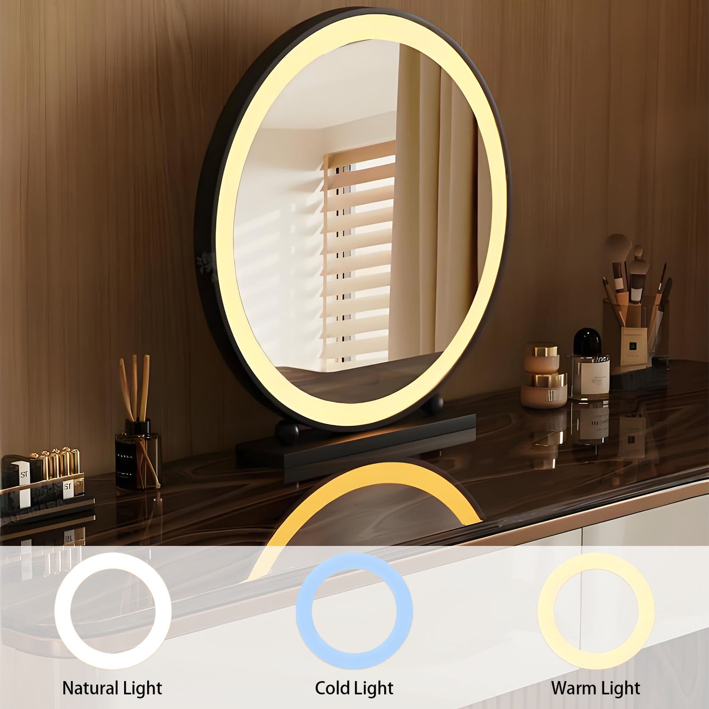 39''-47'' Vanity Desk with Tree Grain Veneer Top and Stool,LED Light Mirror,Baking Paint
