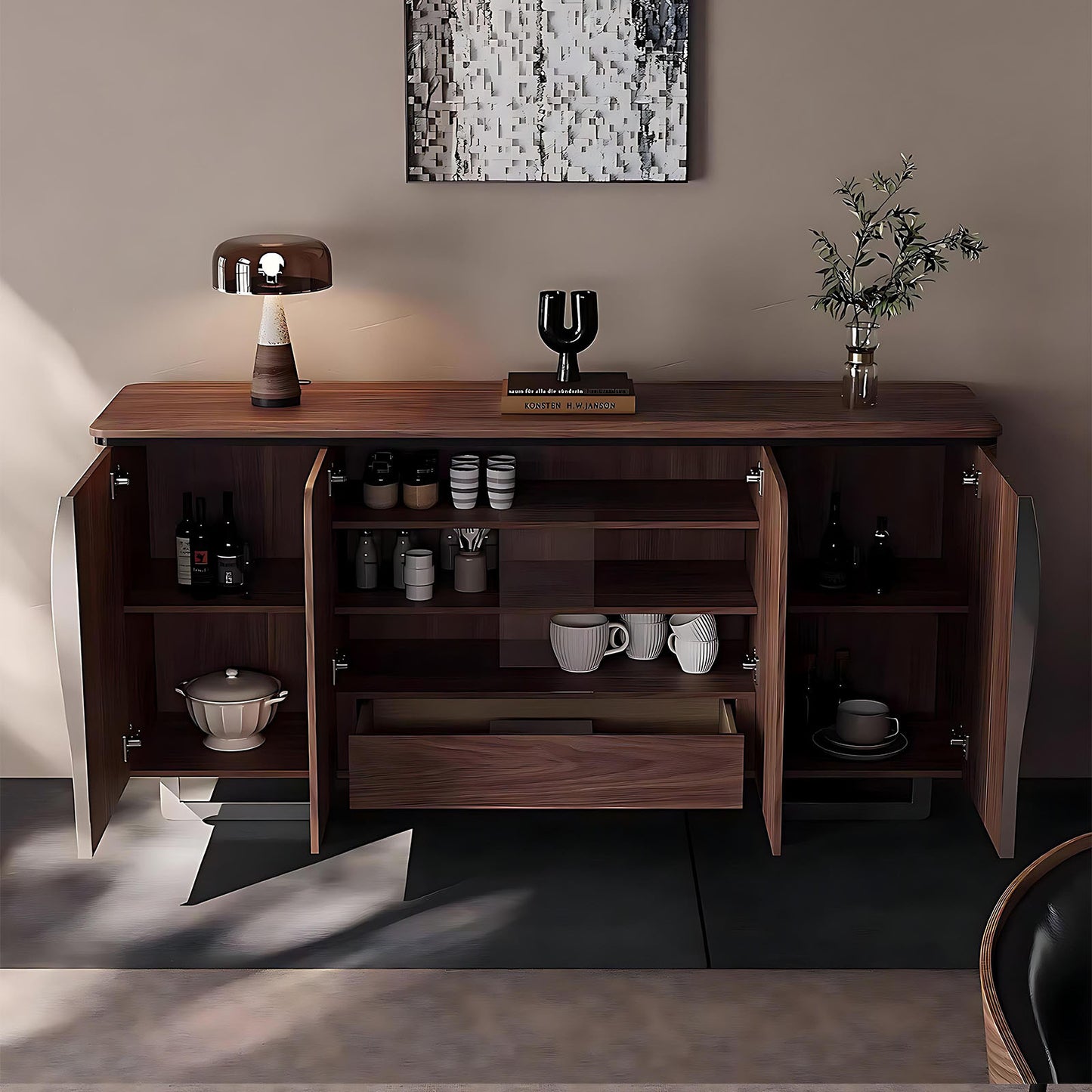 55''-63'' Mid Century Sideboard Buffet Cabinet with Storage,Walnut Veneer