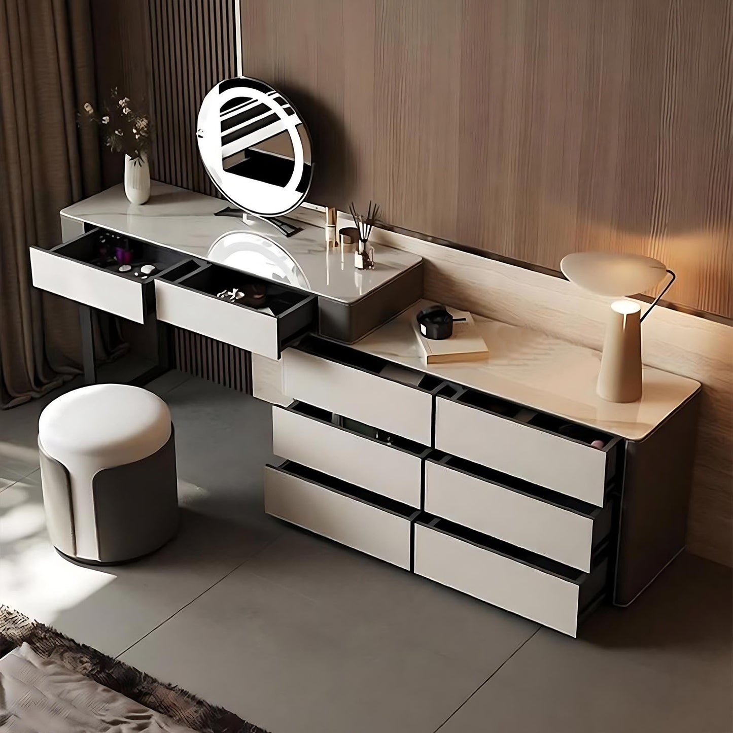 32''-47'' Leather Makeup Vanity with Smart LED Lights Mirror and Rock Slab Top & Stool
