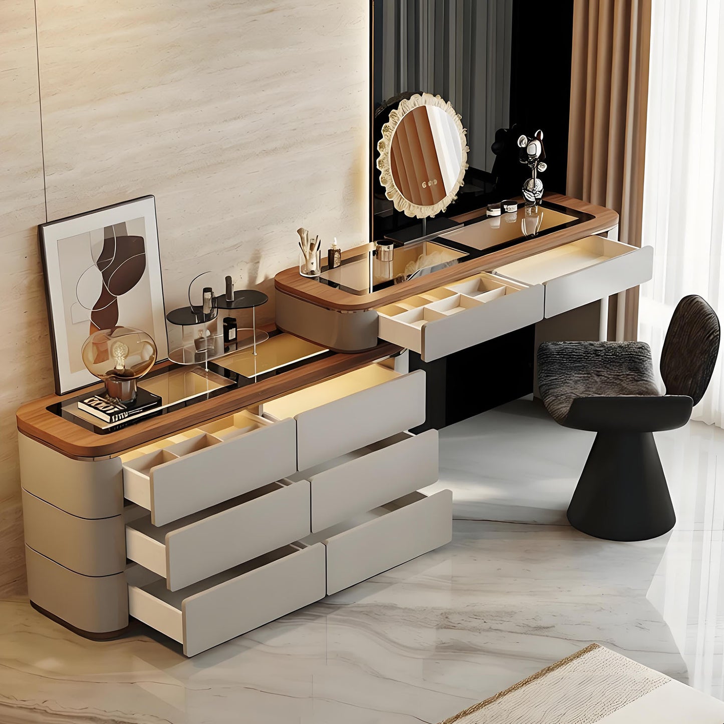 39'' Makeup Vanity with Tempered Glass Top and LED Ambient Light & Smart Mirror,Stool