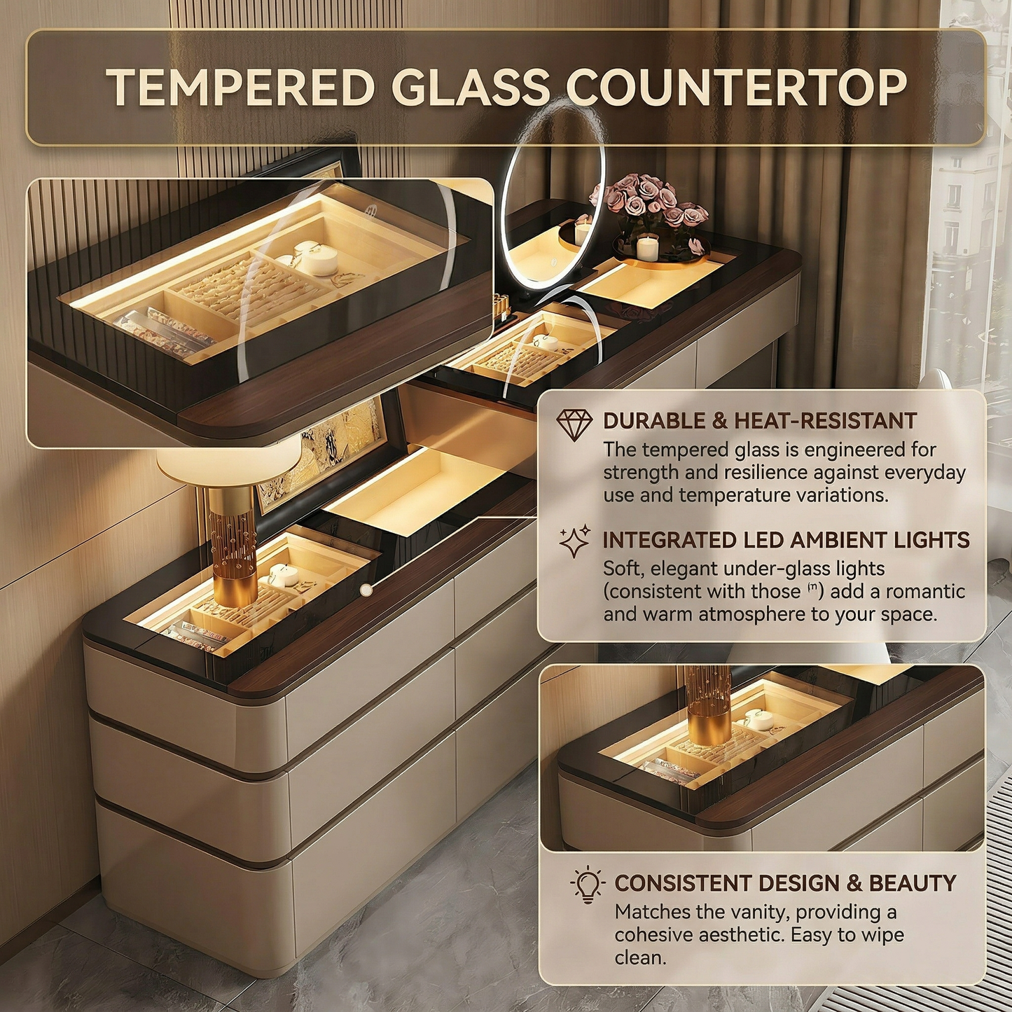 39''-47''Makeup Vanity with Tempered Glass Top and LED Ambient Light,Smart Mirror & Stool