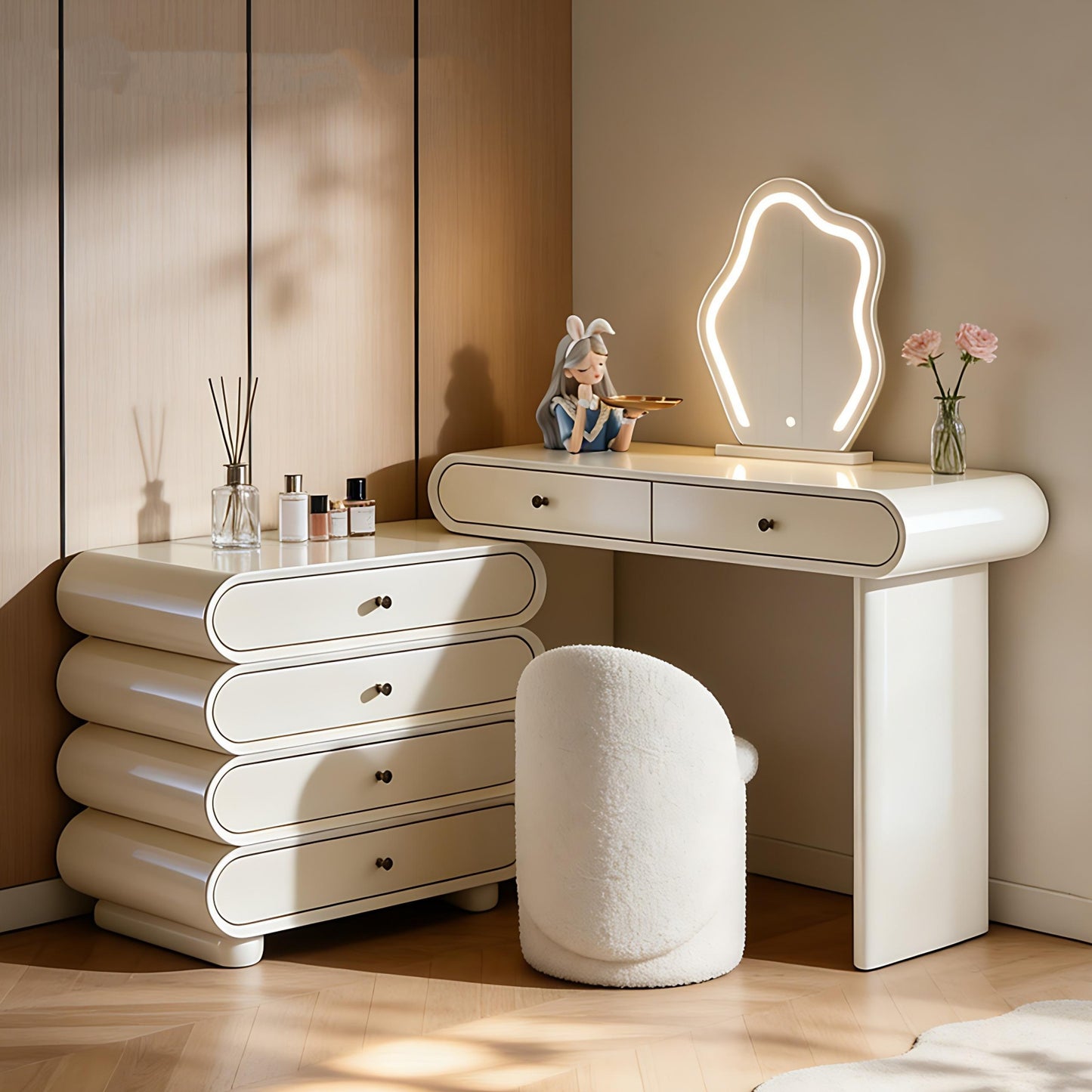 39'' Makeup Vanity with Smart LED Light Mirror and Stool,White,Baking Paint