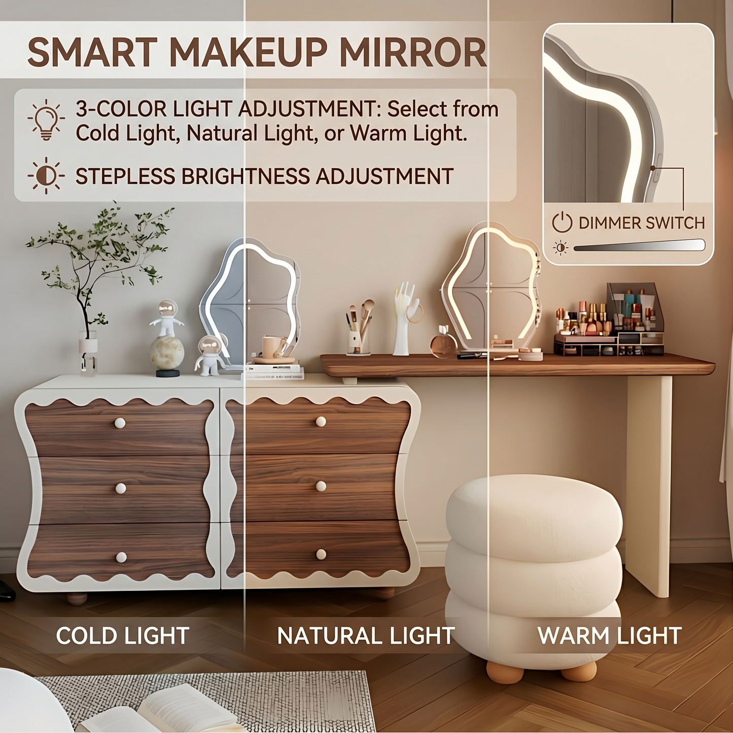 47''Mid Century Makeup Vanity with Smart Light Mirror and Stool,Walnut Veneer,Wavy Design