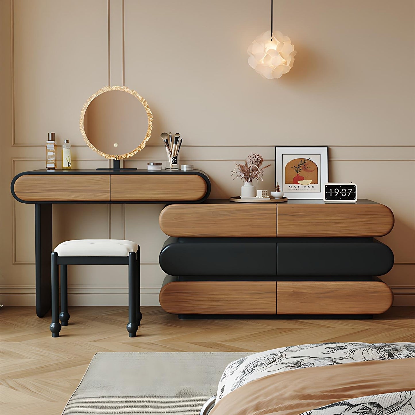 32''-47'' Makeup Vanity with Stool and Smart LED Light Mirror & Walnut Veneer,Mid Century
