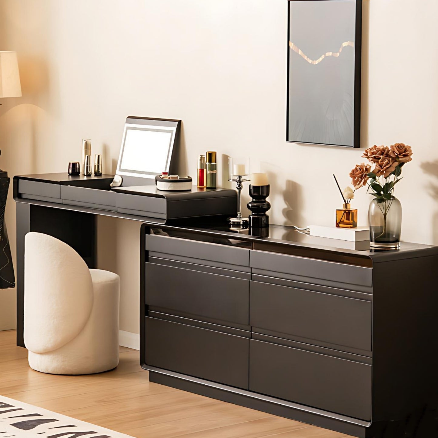 47''Vanity Set with Flip up Smart Mirror and Tempered Glass Top & LED Ambient Light,Stool