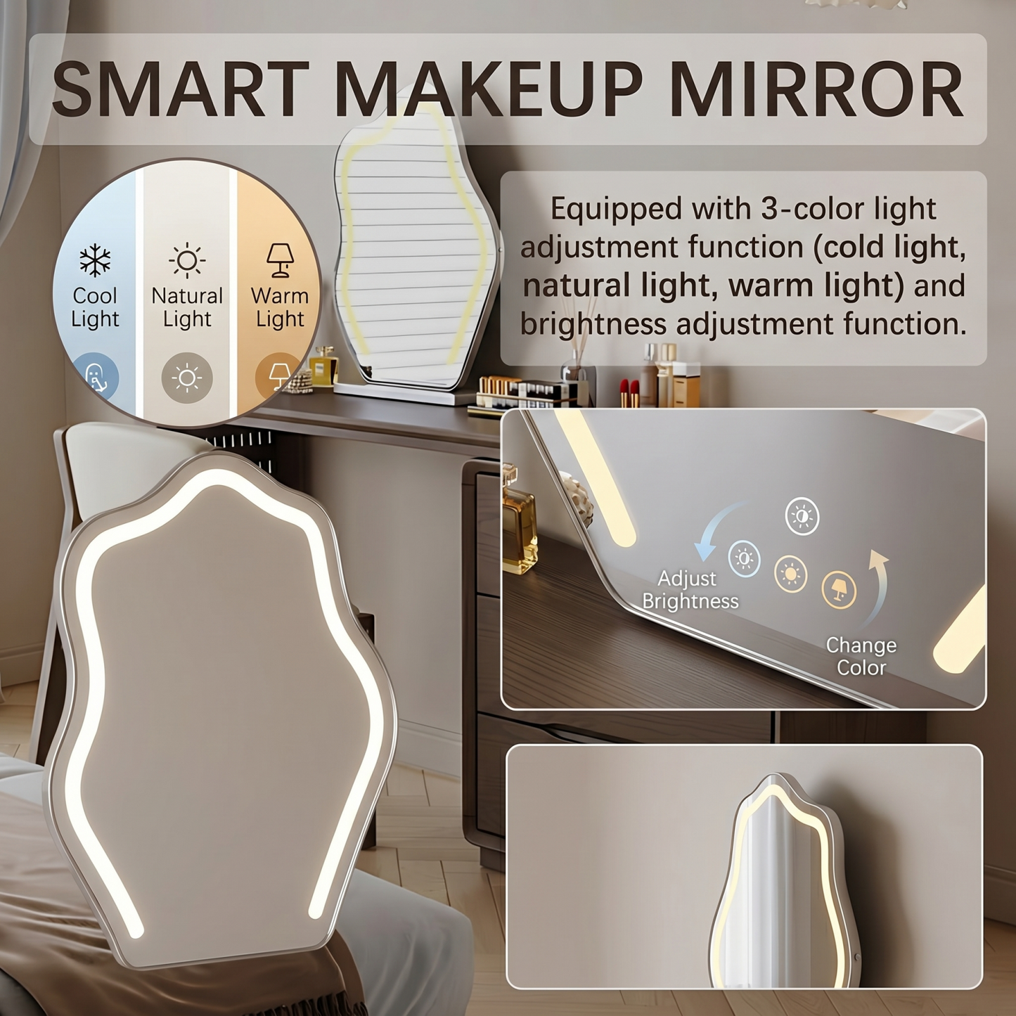 47''Vanity Set with Stool and Smart LED Light Mirror,Walnut Veneer & Storage Table Leg