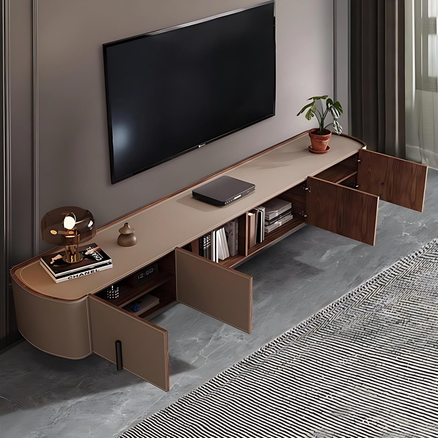 71''-94'' Leather TV Stand with 4 Storage Cabinets,Solid Wood Entertainment Center