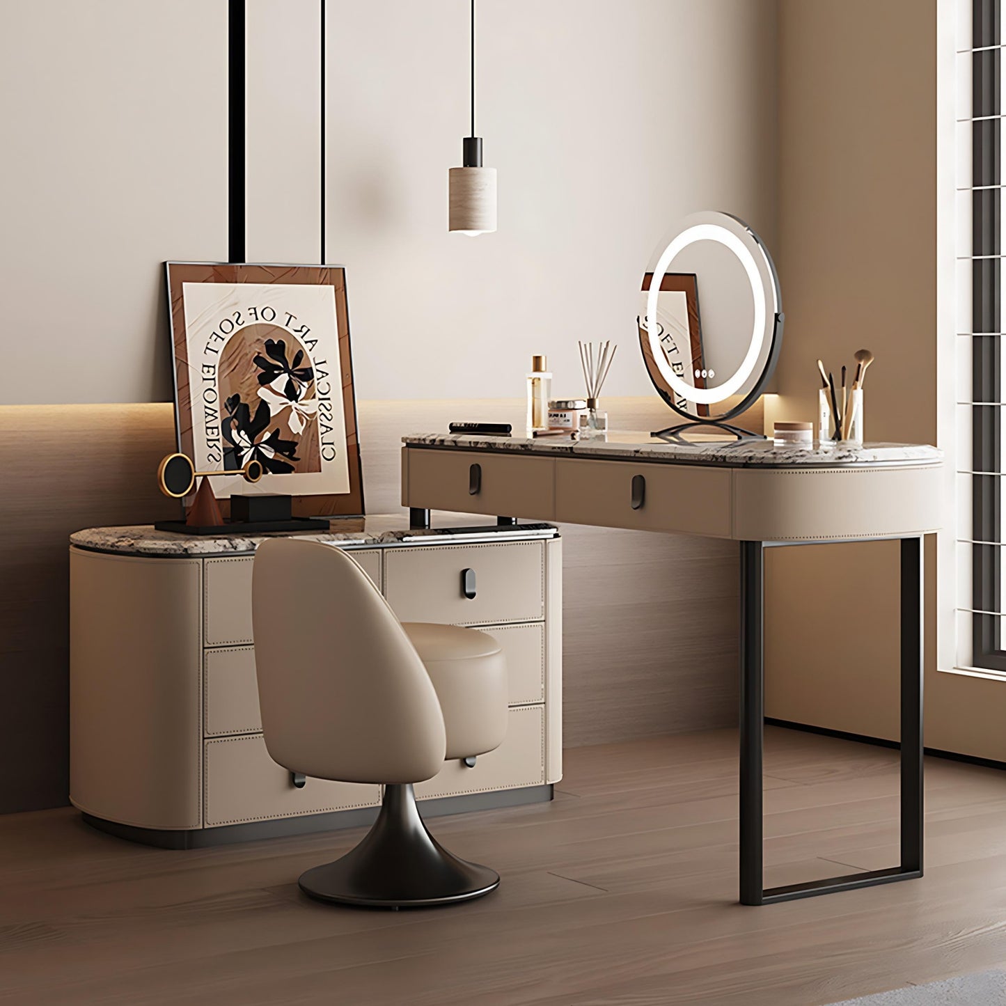 39''-47'' Leather Makeup Vanity with Marble Countertop and Stool & Smart LED Lights Mirror