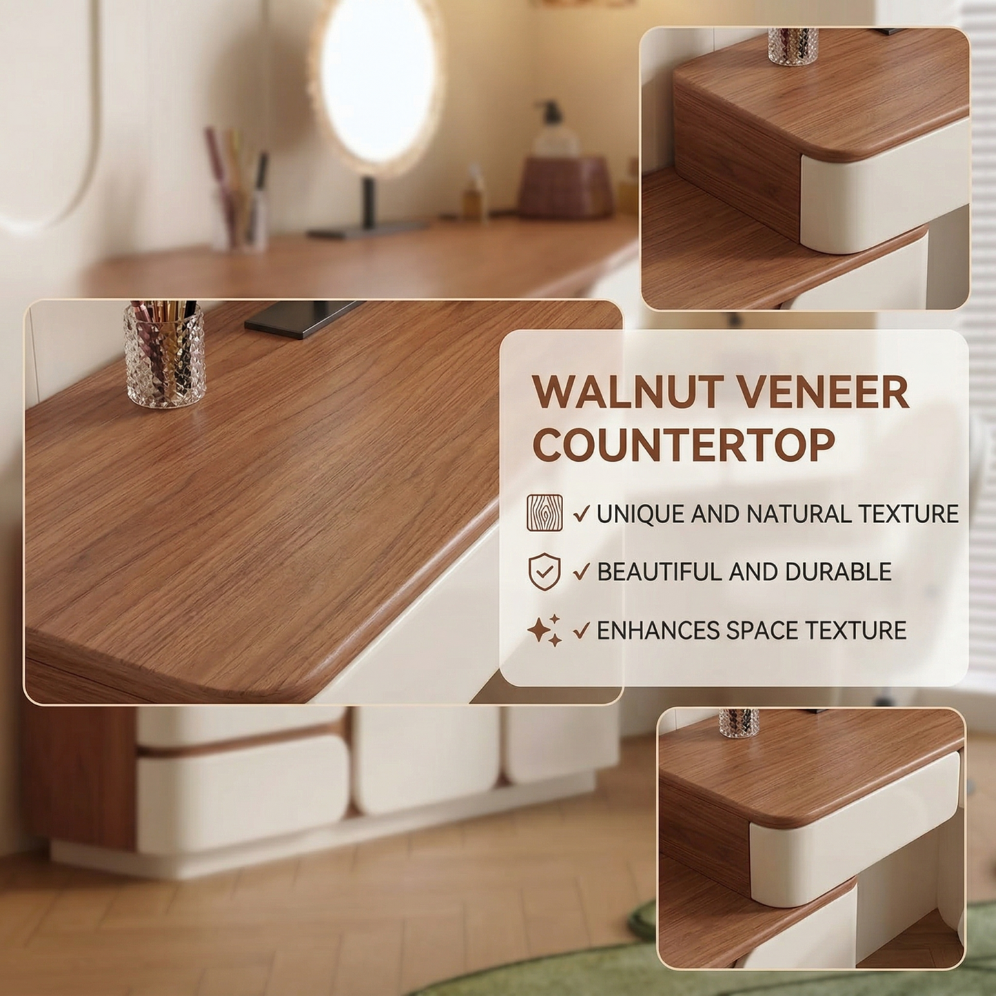 32''-47'' Mid Century Makeup Vanity with Walnut Veneer Top & Smart LED Mirror and Stool