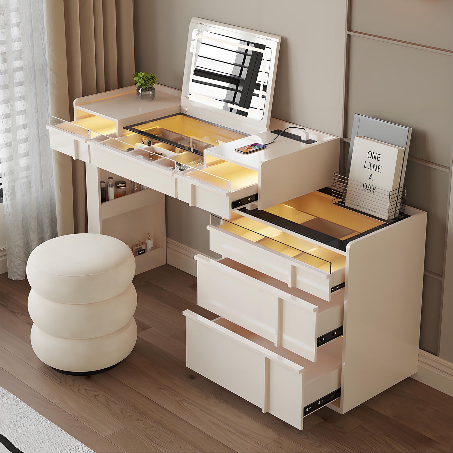 39-47'' Makeup Vanity with Flip up Smart Mirror and Glass Top & LED Ambient Light,Stool