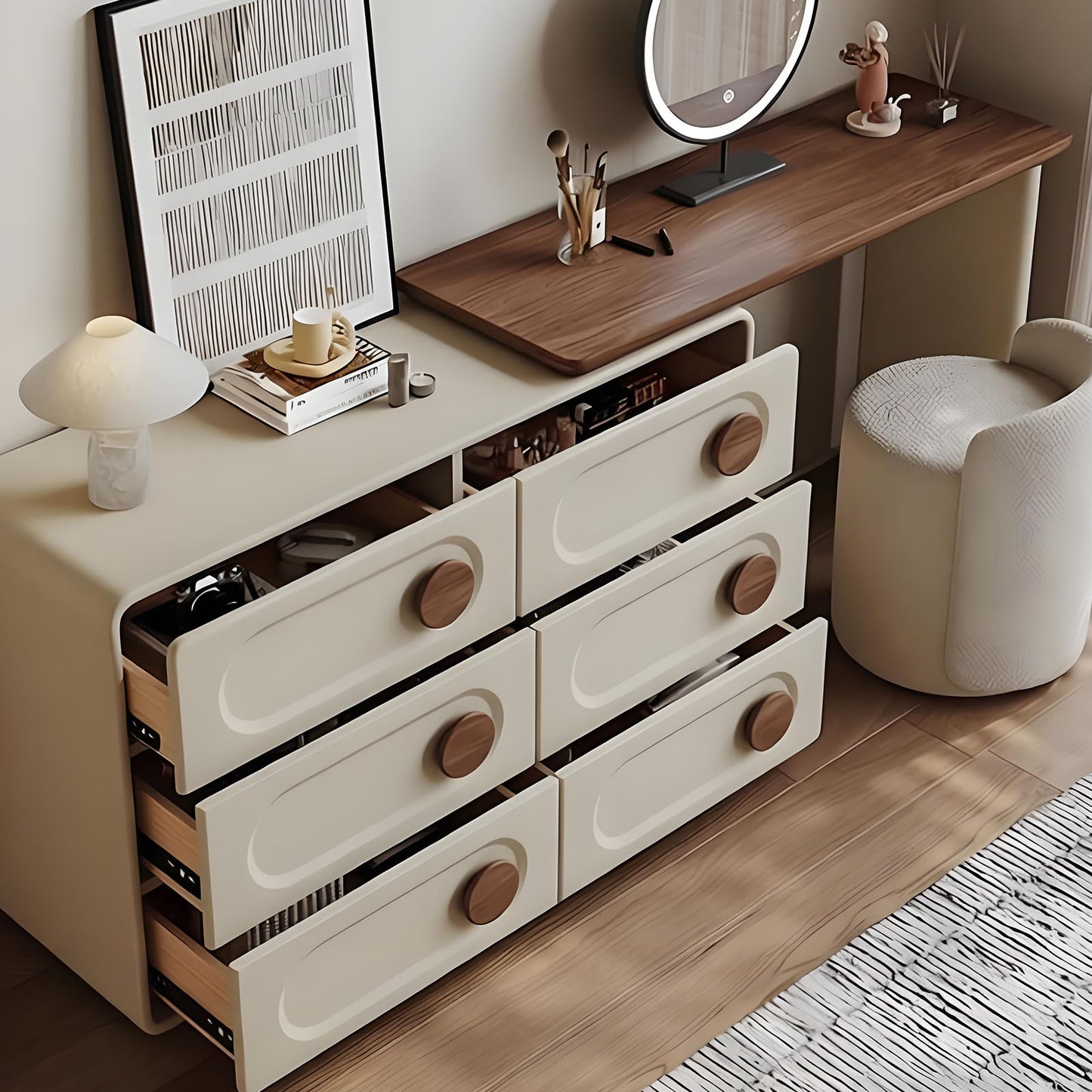 47'' Mid Century Vanity Desk with Smart LED Lights Mirror and Stool, Walnut Veneer