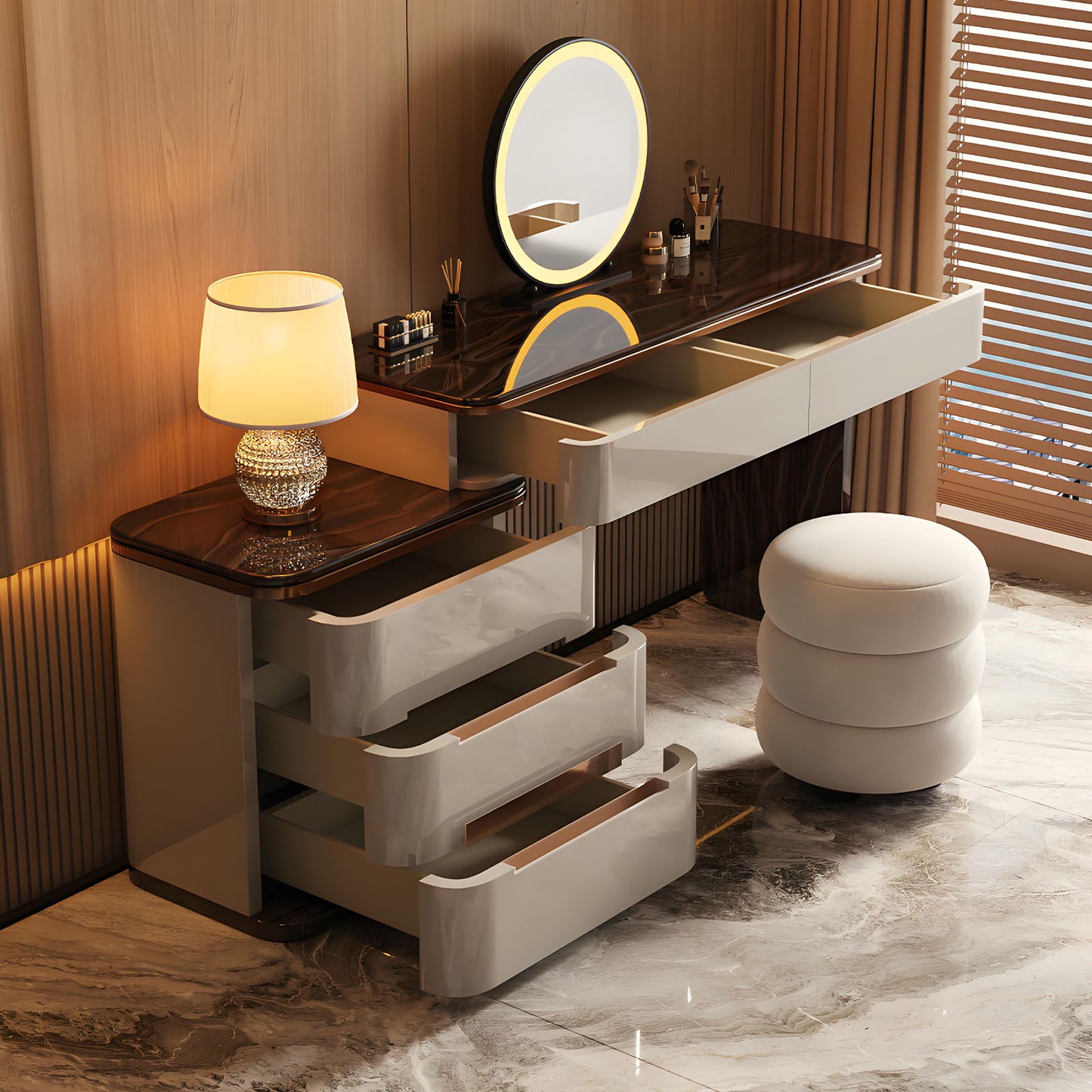 39''-47'' Vanity Desk with Tree Grain Veneer Top and Stool,LED Light Mirror,Baking Paint