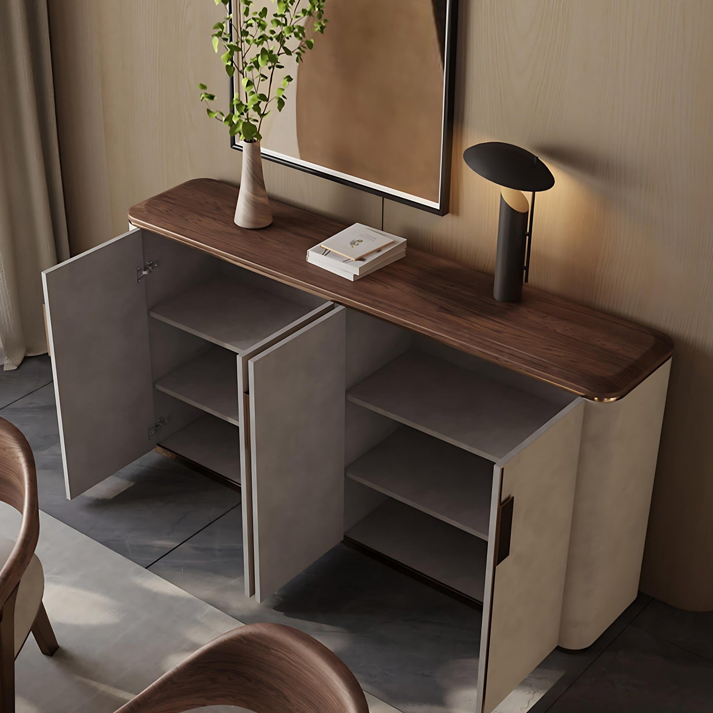 55''-71'' Leather Sideboards with Walnut Veneer Top and Metal Handle