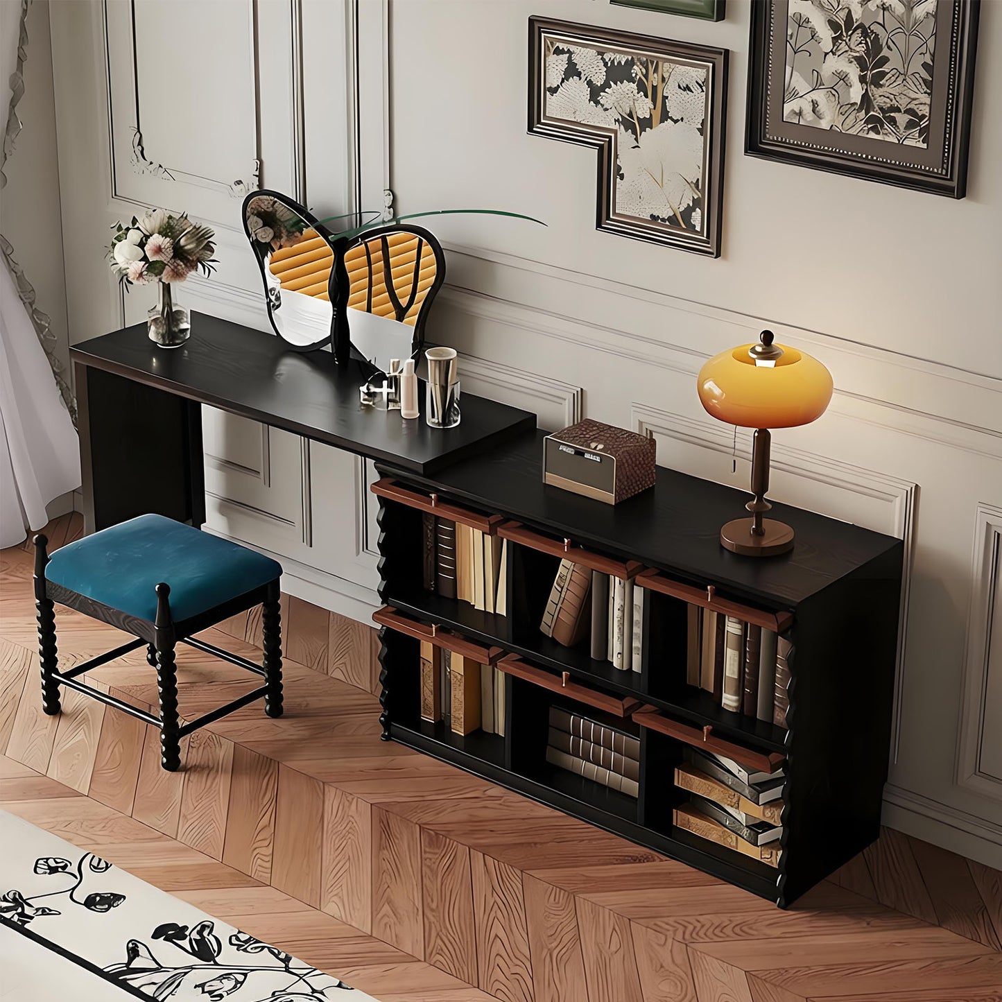 47''Vanity Set with Butterfly Mirror and Stool & 6 glass Flip up Cabinet Doors,Mid Century