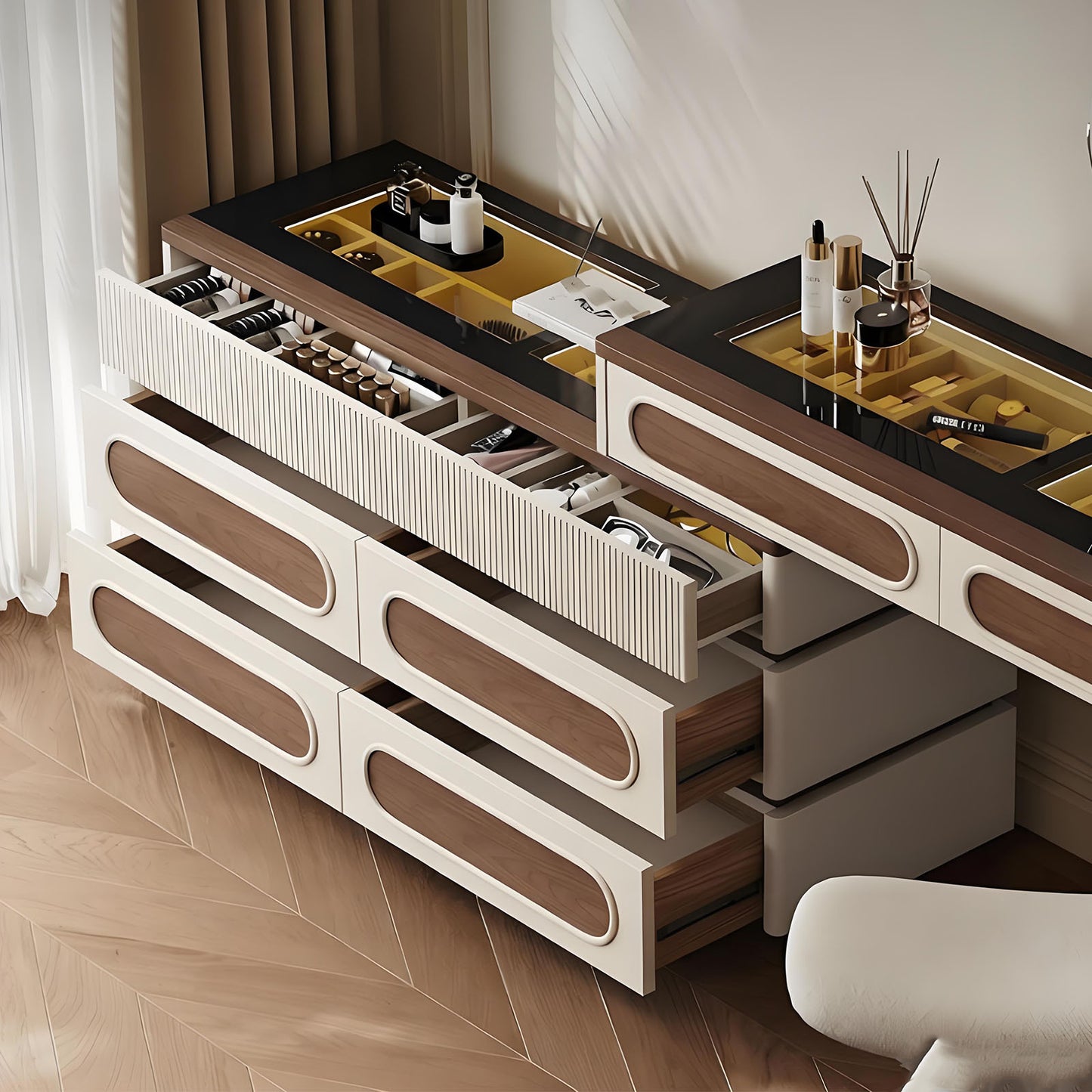 39''-47'' Vanity Set with Tempered Glass Top and LED Ambient Light & Mirror,Stool
