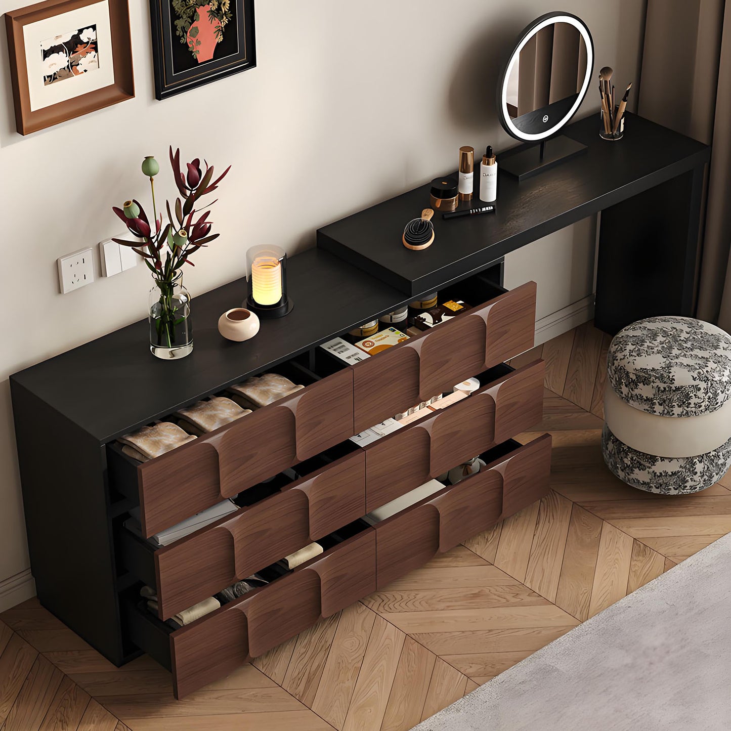 47'' Makeup Vanity with Walnut Veneer & Smart LED Mirror and Stool for Bedroom,Retro