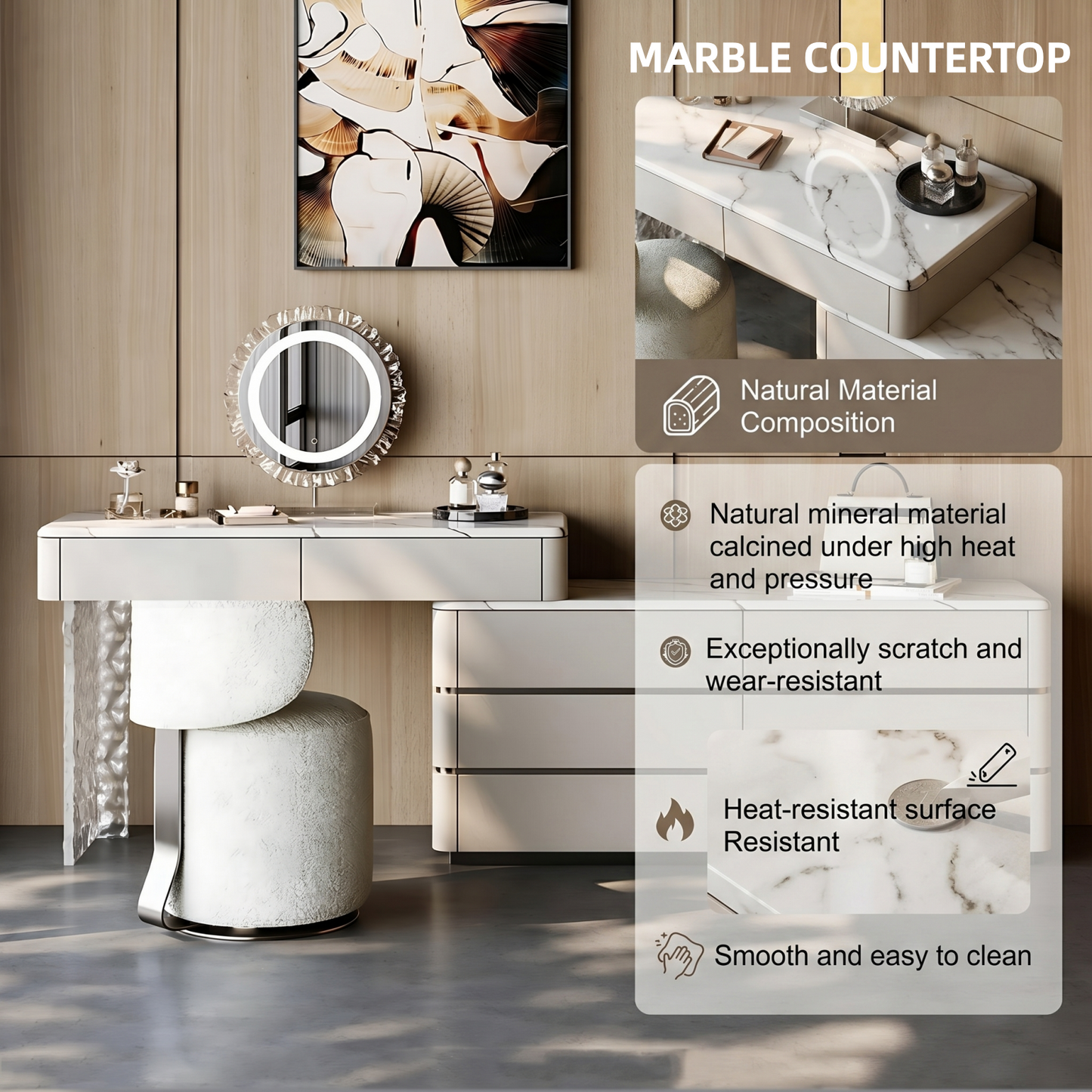39''-47''Leather Makeup Vanity with Marble Top and Stool,Smart Mirror & Acrylic Legs