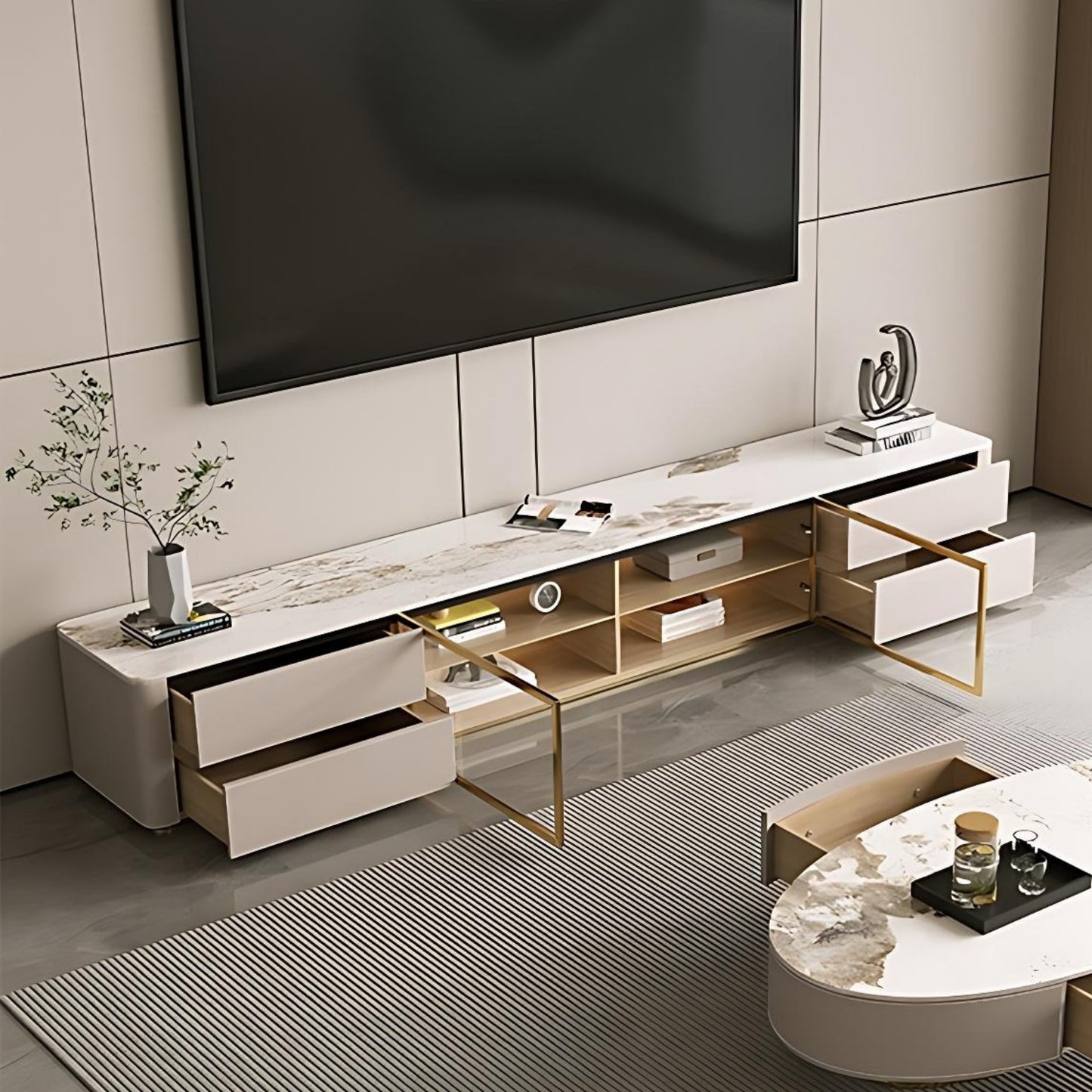 71''-94'' TV Stand with Glass Door & Rock Slab Countertop,Leather Entertainment Center