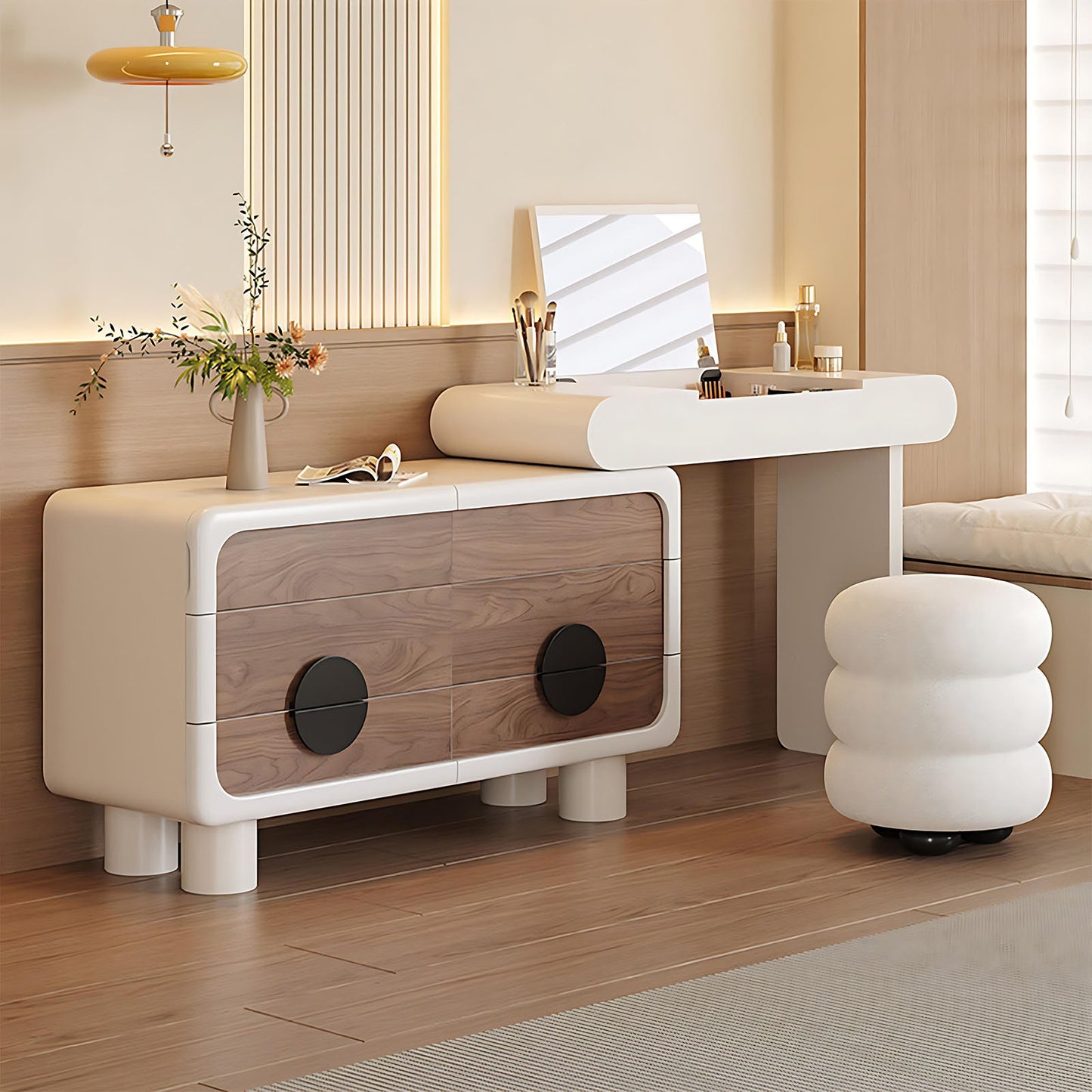 32''-47'' Makeup Vanity with Flip up Mirror and Walnut veneer & Stool for Bedroom