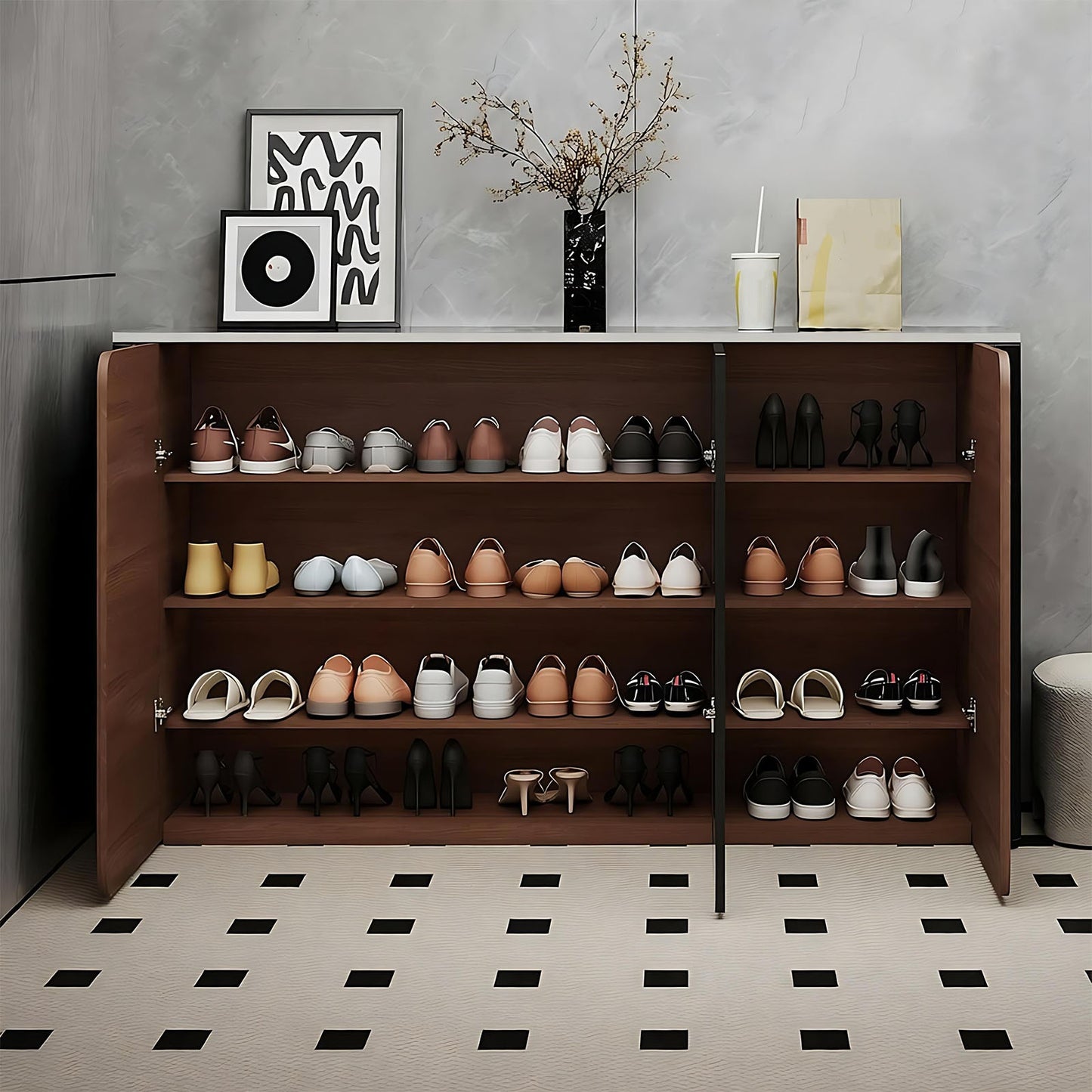 47''-59'' Shoe Storage Cabinet with Rock Slab Countertop & Leather Finish,Solid Wood