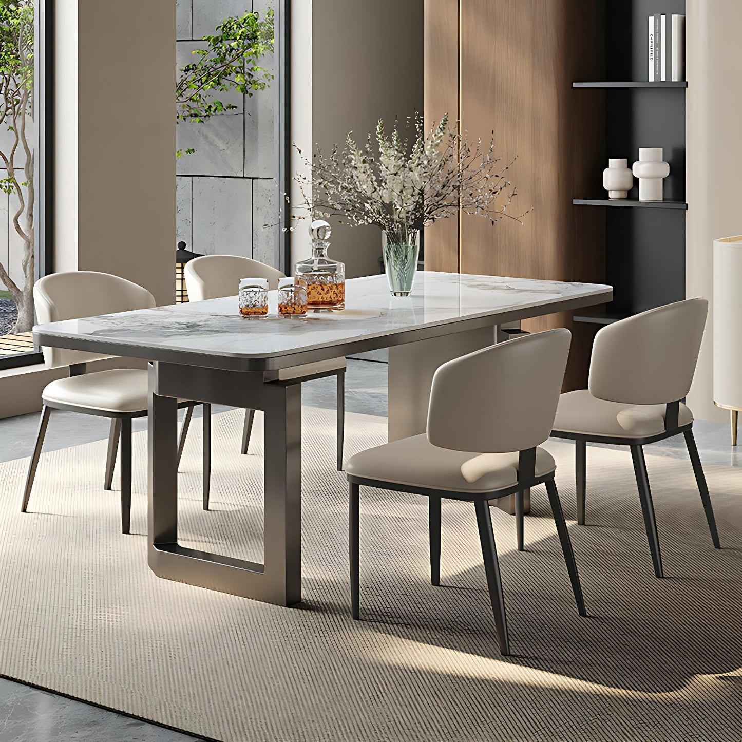 55''-71''Sintered Stone Dining Table with 4 Chairs & Stainless steel Legs for 6-8 peoples