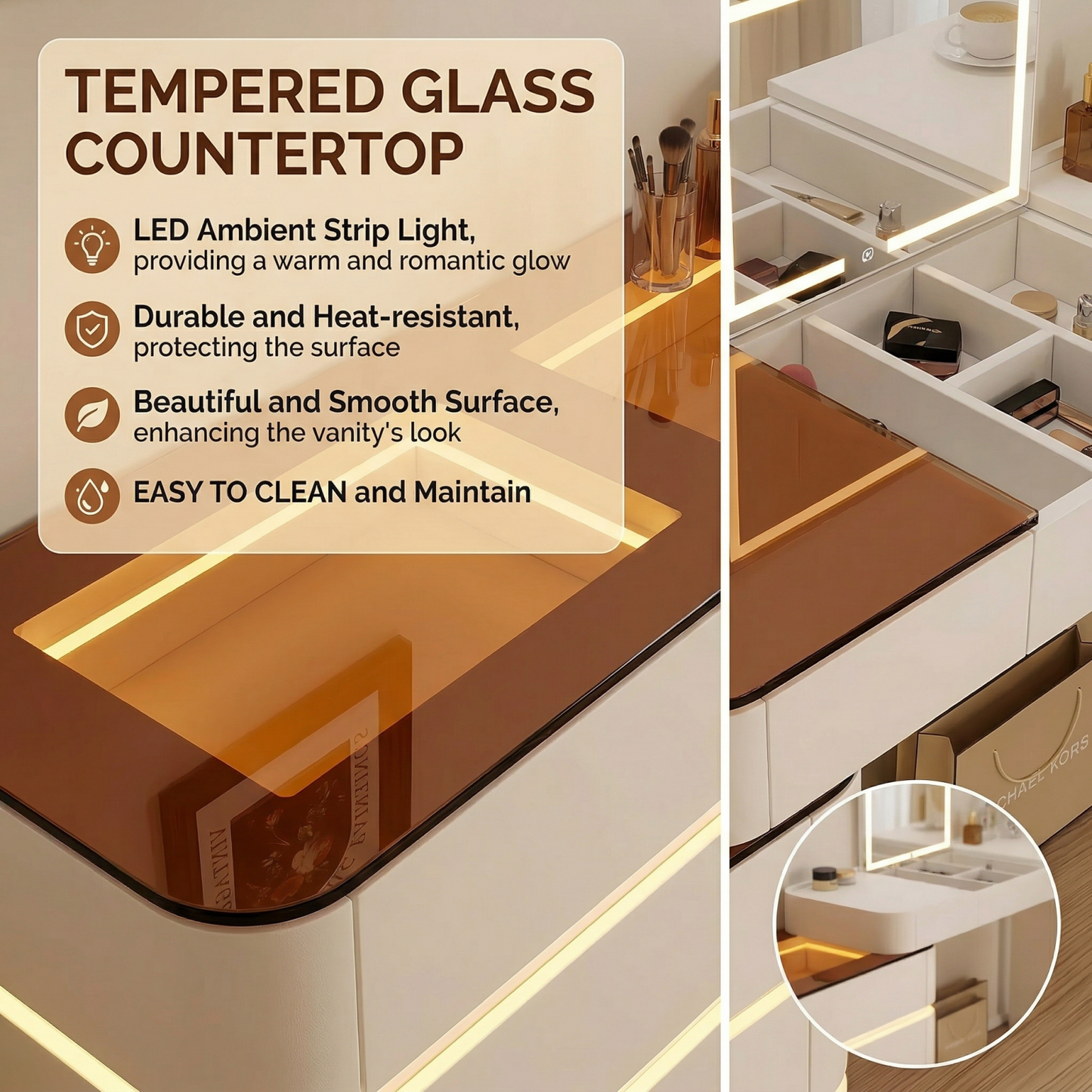 32''-47''Leather Vanity with Tempered Glass Top and LED Light & Flip up Smart Mirror,Stool