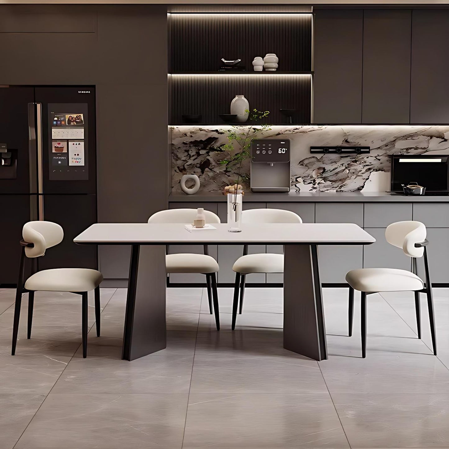 55''-71''Dining Table with 4 Chairs & Sintered Stone Top,Stainless Steel Legs