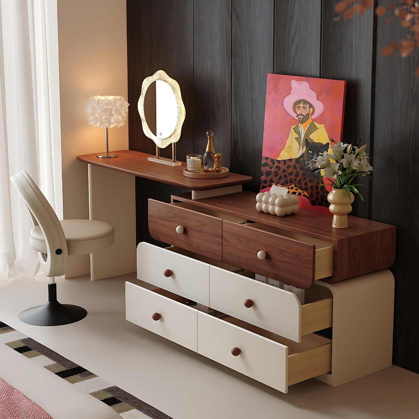47'' Vanity Set with Walnut Veneer Top and Stool & Smart LED Lights Mirror for Bedroom