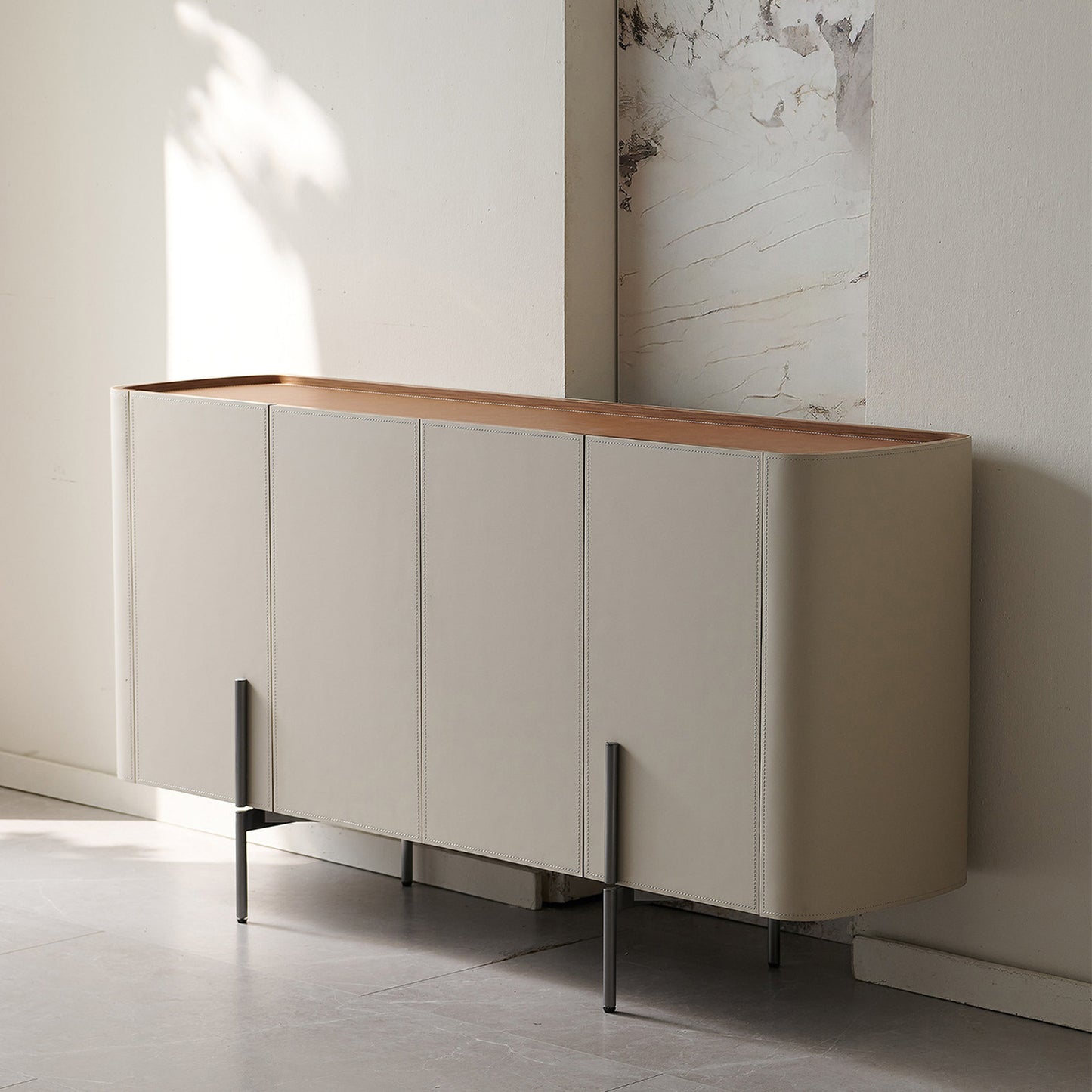 63''-71'' Leather Sideboard Buffet Cabinet with Storage,Solid Wood,Metal Legs