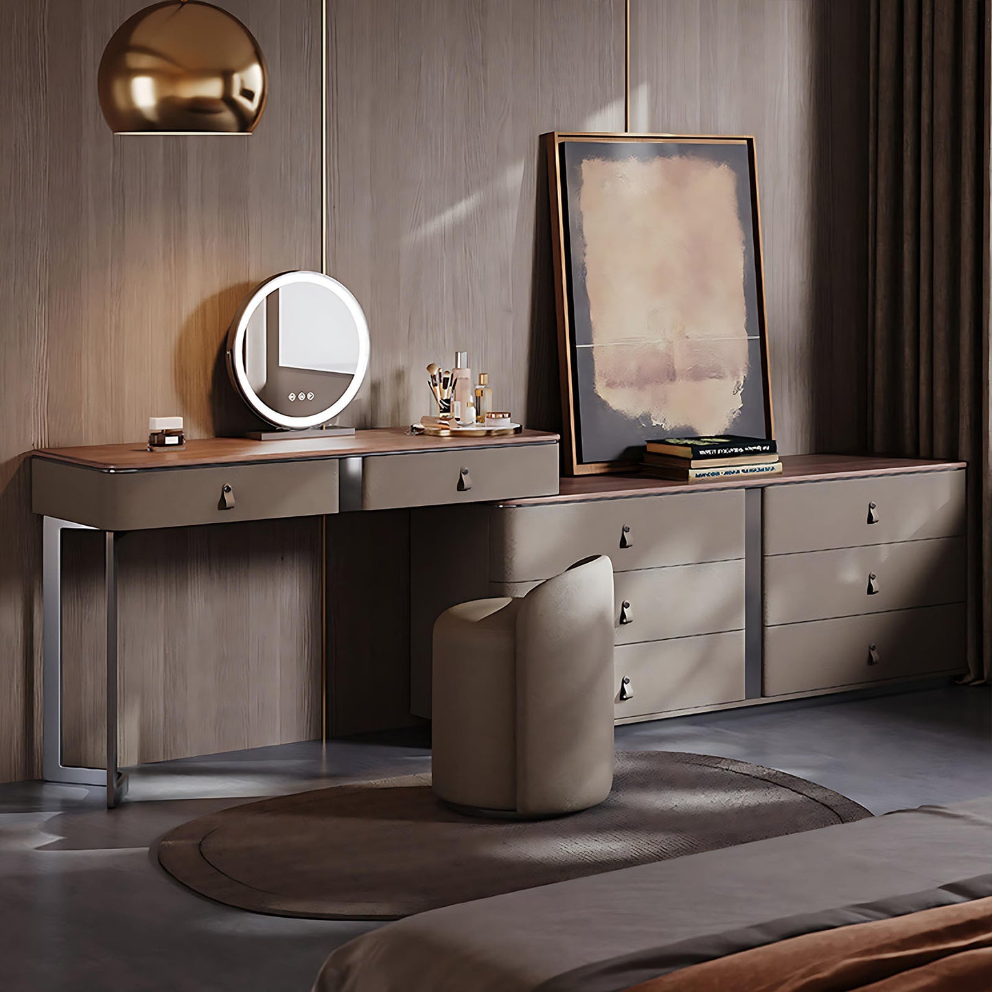 39''-47''Leather Vanity with Walnut Veneer Top and Smart LED Lights Mirror & Stool,59IN