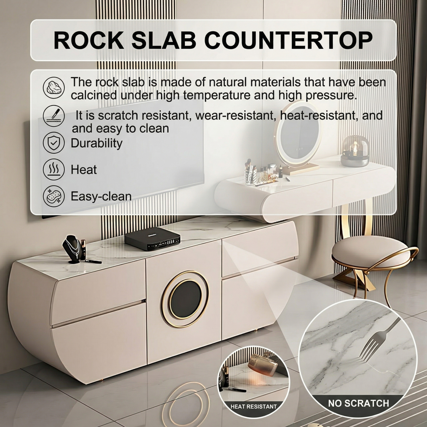 47'' & 63'' Leather Makeup Vanity with Stool and Smart LED Light Mirror,Rock Slab Top
