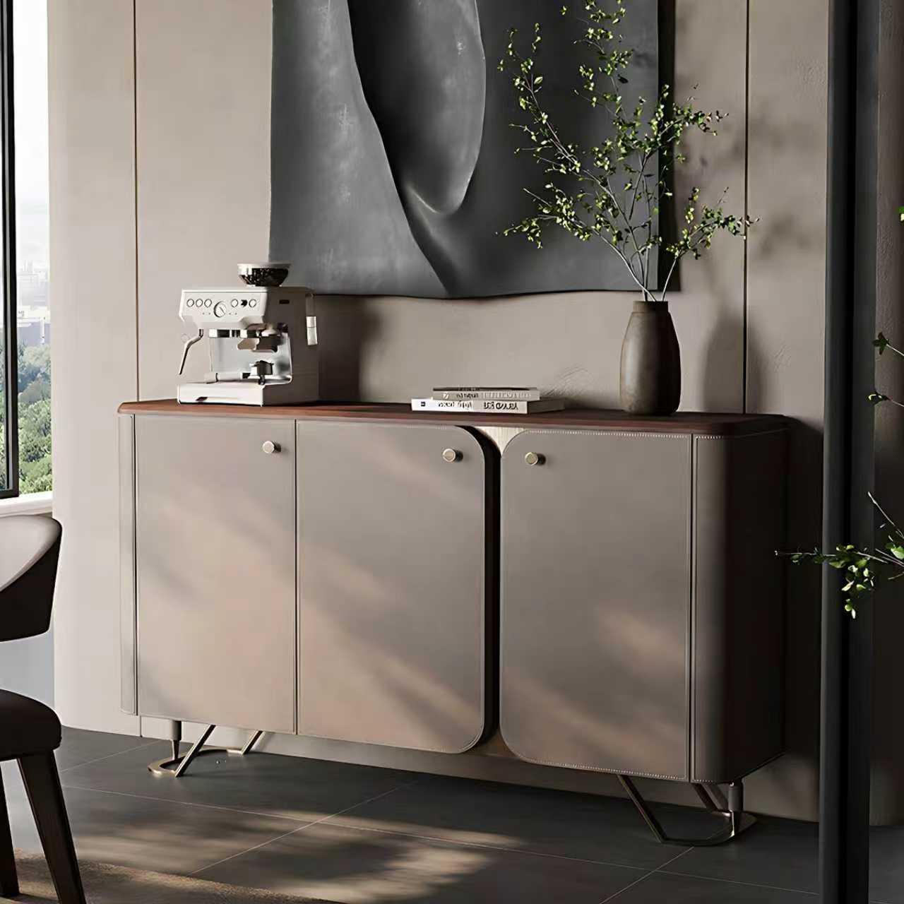 55''-71'' Mid Century Sideboard Cabinet with Walnut Veneer Top and Metal Legs