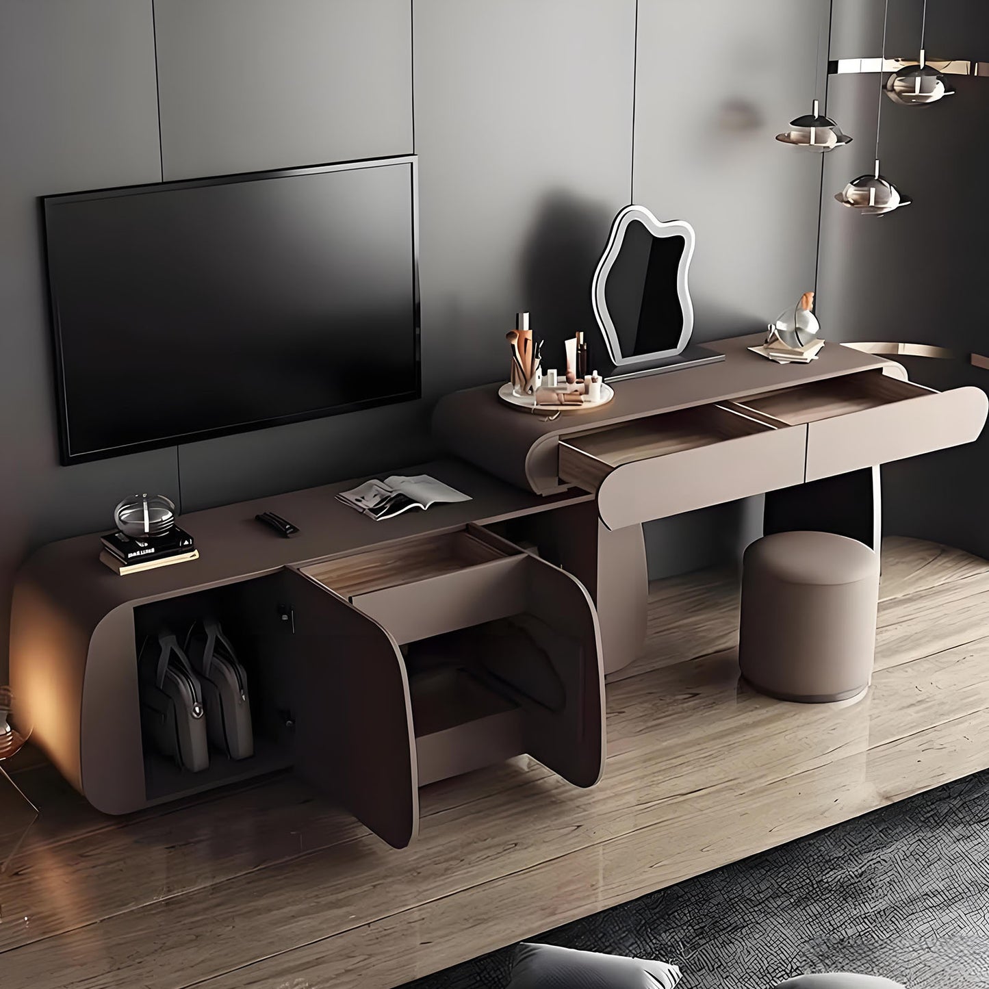 47''&63''Leather Makeup Vanity with Smart LED Light Mirror and Stool,Cloud Shaped Glass
