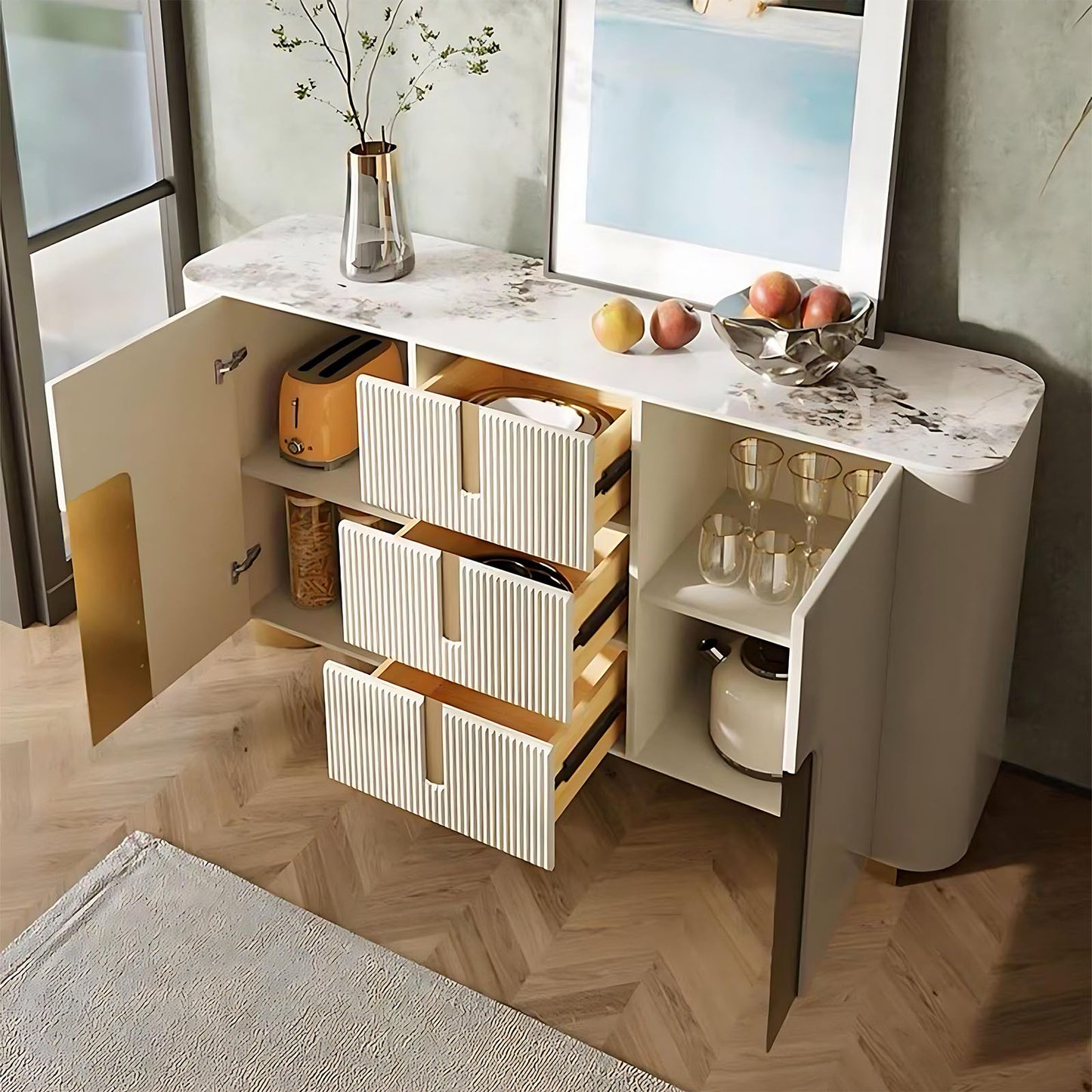 47''-59'' Sideboard Buffet Cabinet with Quartz Slab Countertop,Stainless Steel