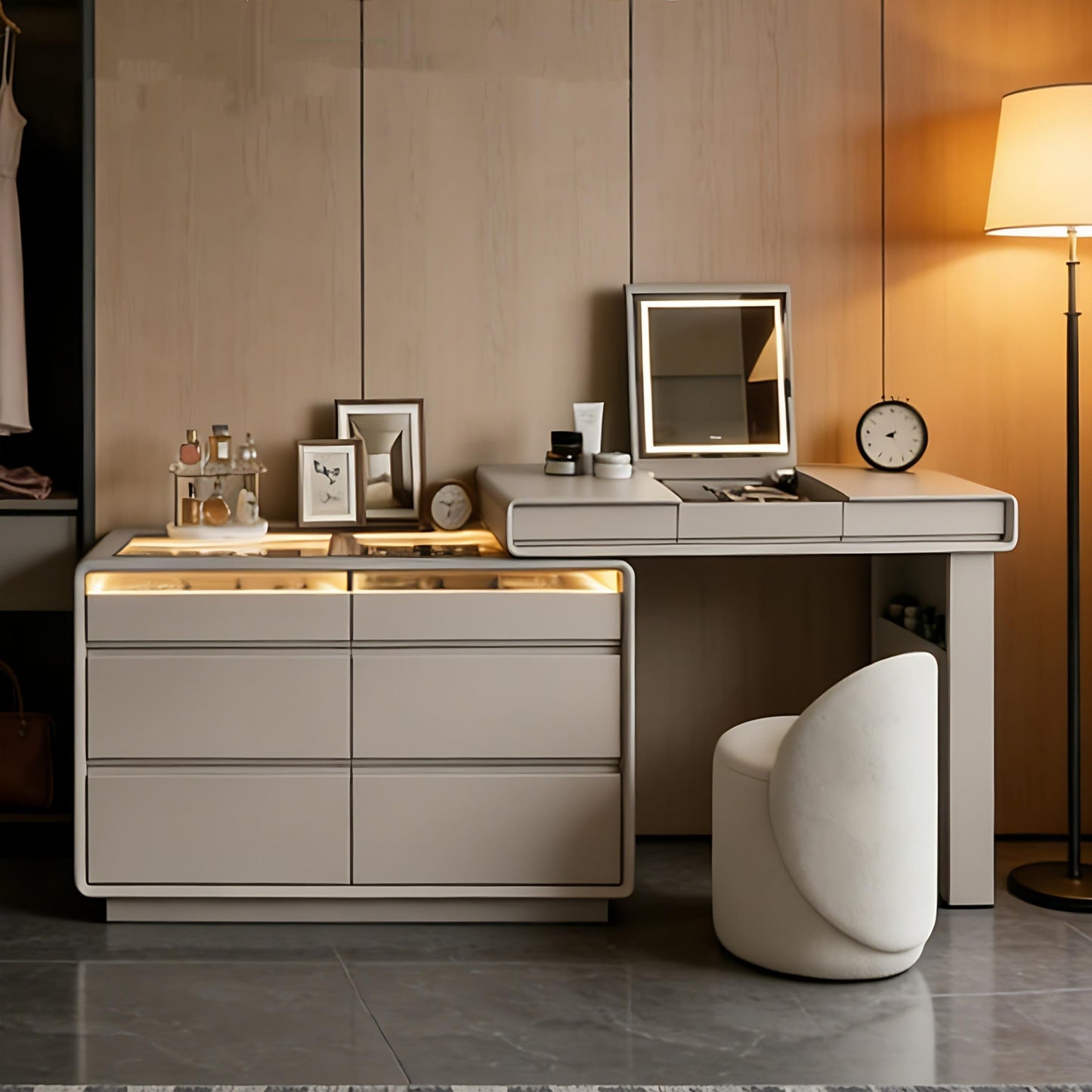 47''Vanity Set with Tempered Glass Top and LED Ambient Light,Flip up Smart Mirror & Stool