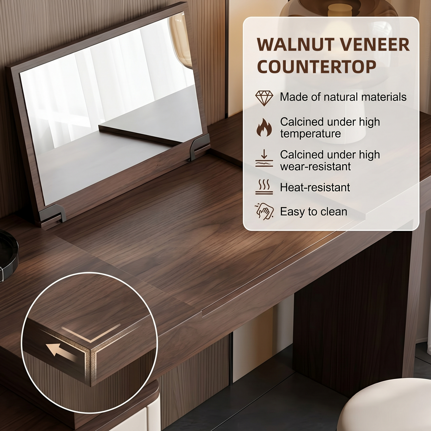 51''Mid Century Makeup Vanity with Flip up Mirror and Stool,Walnut Veneer,Leather Finish