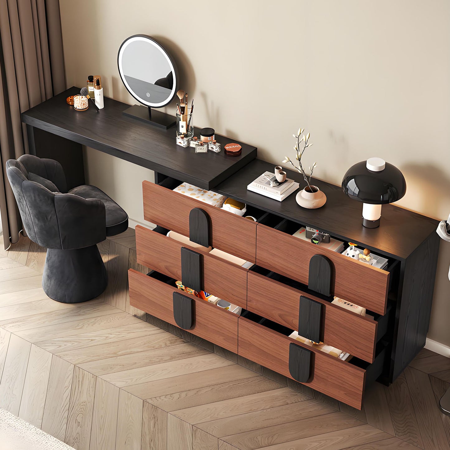 47'' Mid Century Makeup Vanity with Stool and Smart LED Lights Mirror & Walnut Veneer