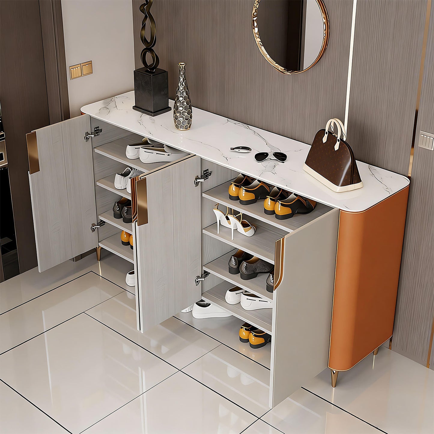 47''-71'' Leather Shoe Cabinet with Rock Slab Countertop & Stainless Steel Legs